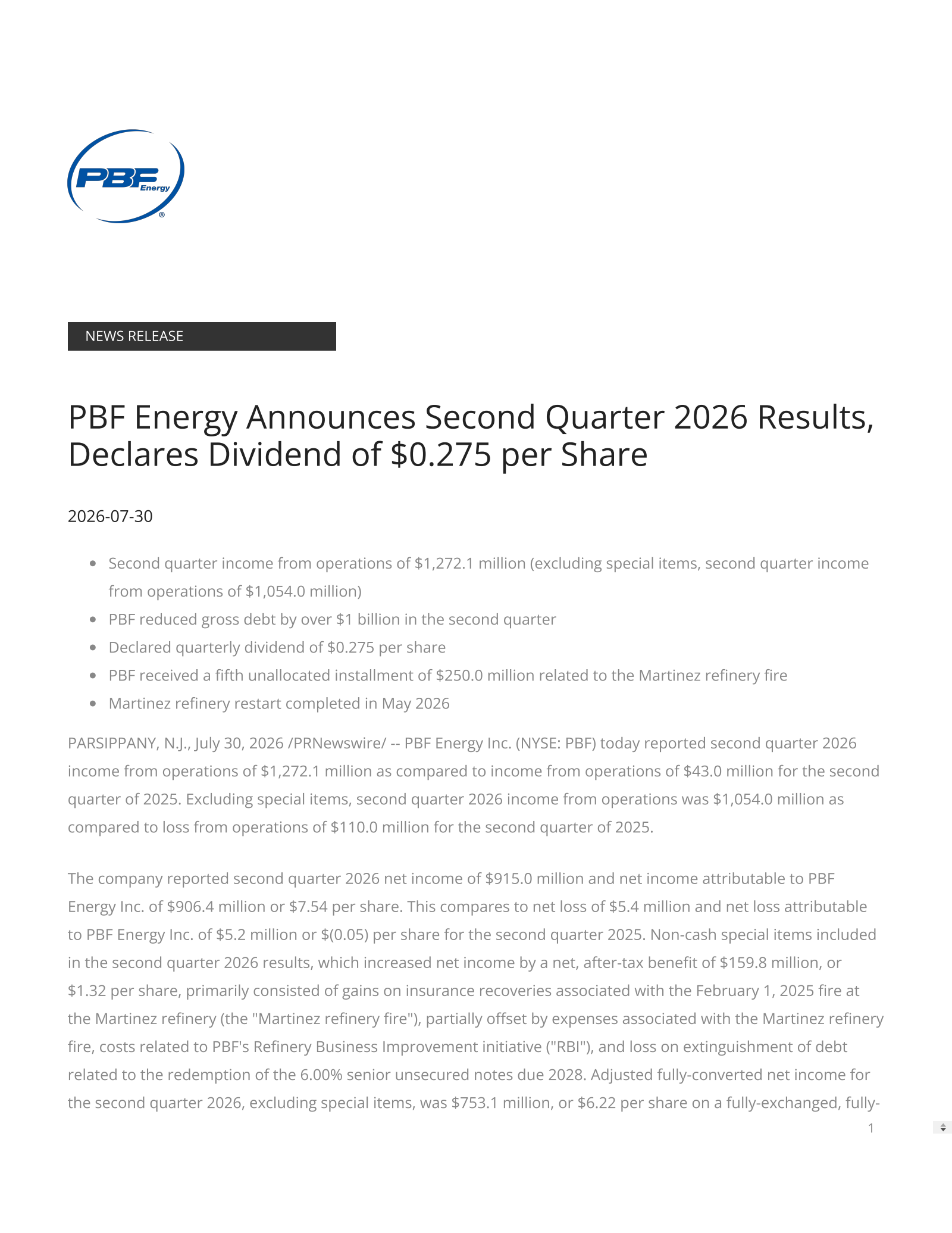 PBF Energy's Q2 2026 Press Release