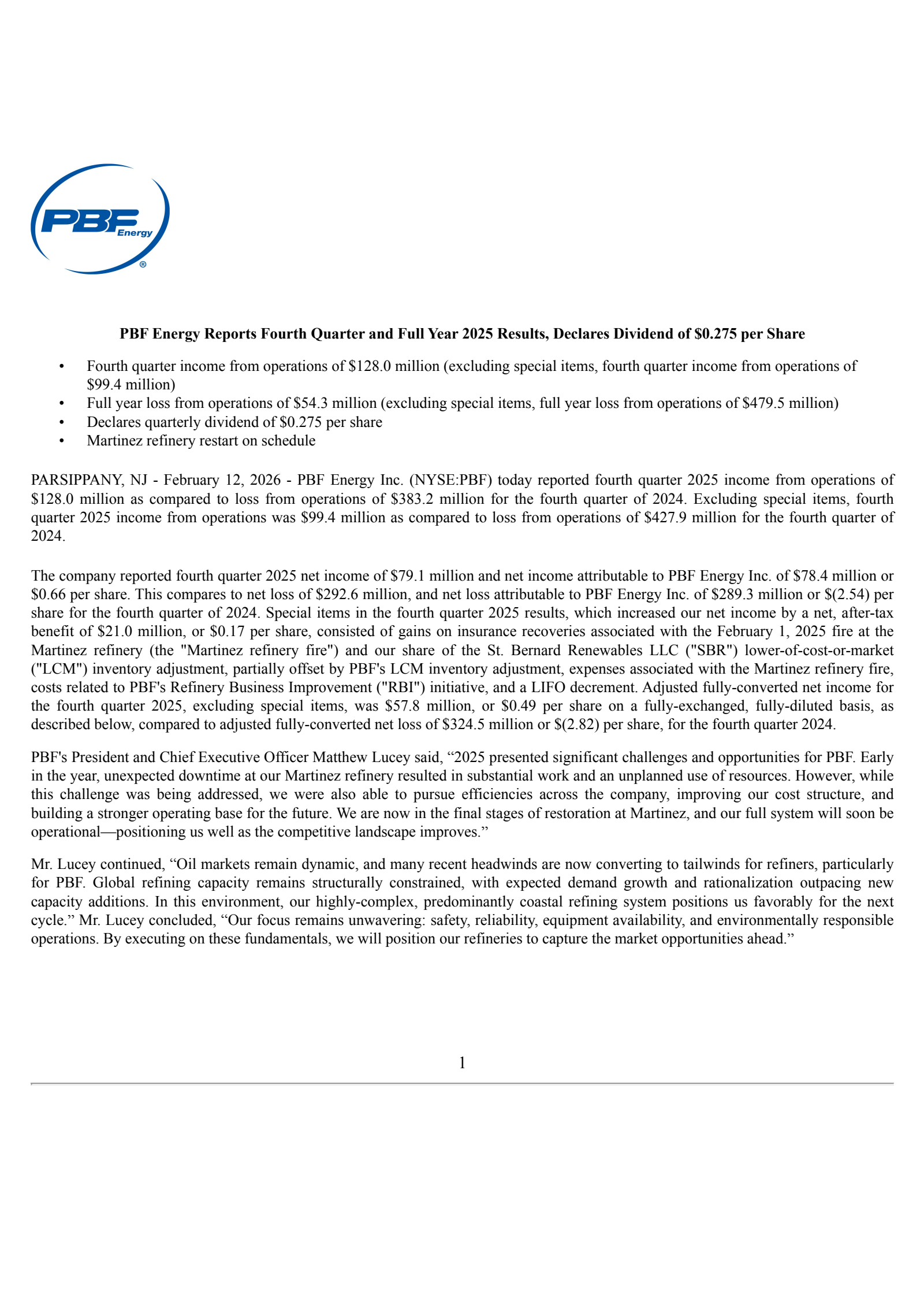 PBF Energy's Q4 2025 Press Release