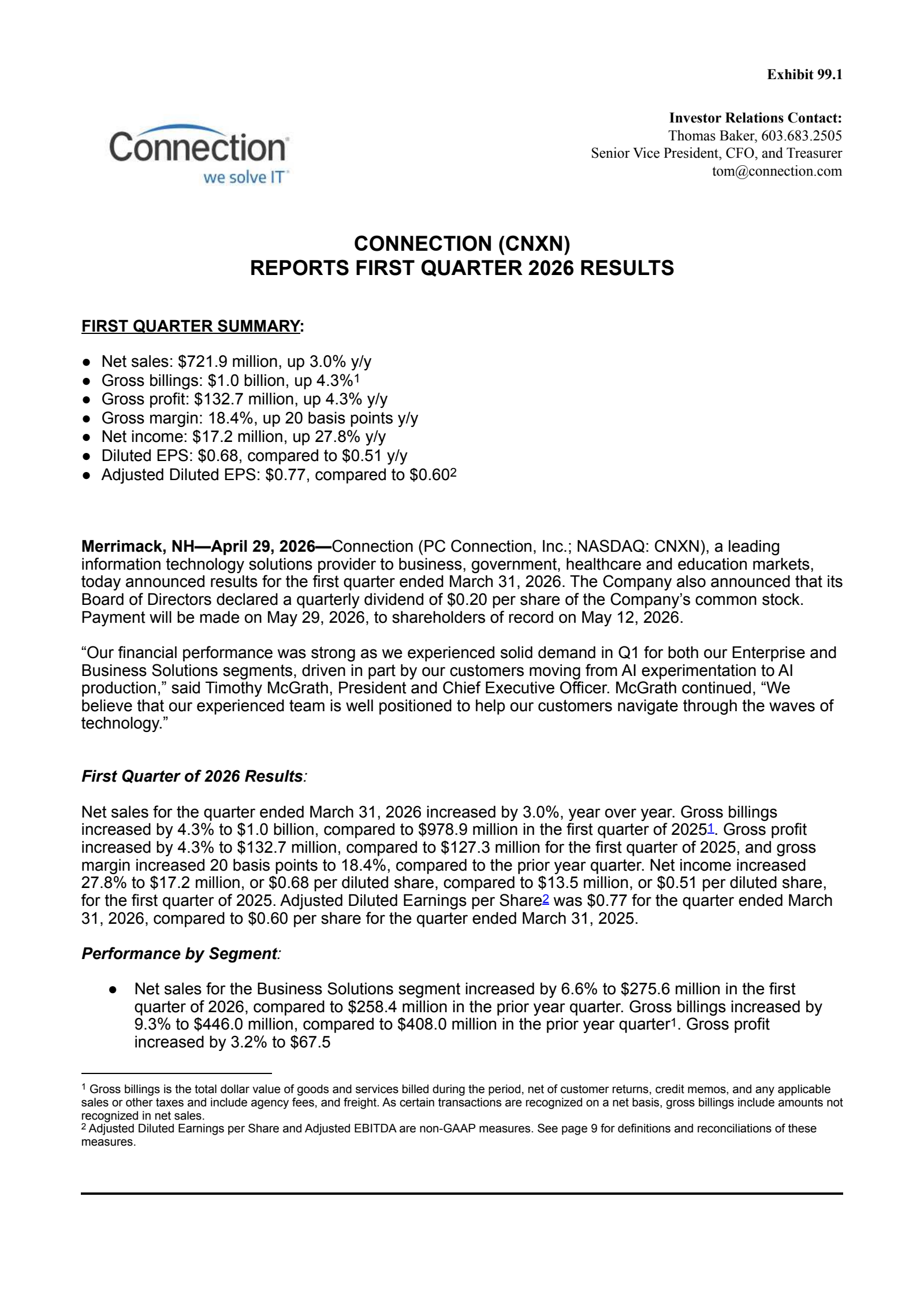 PC Connection's Q1 2026 Press Release