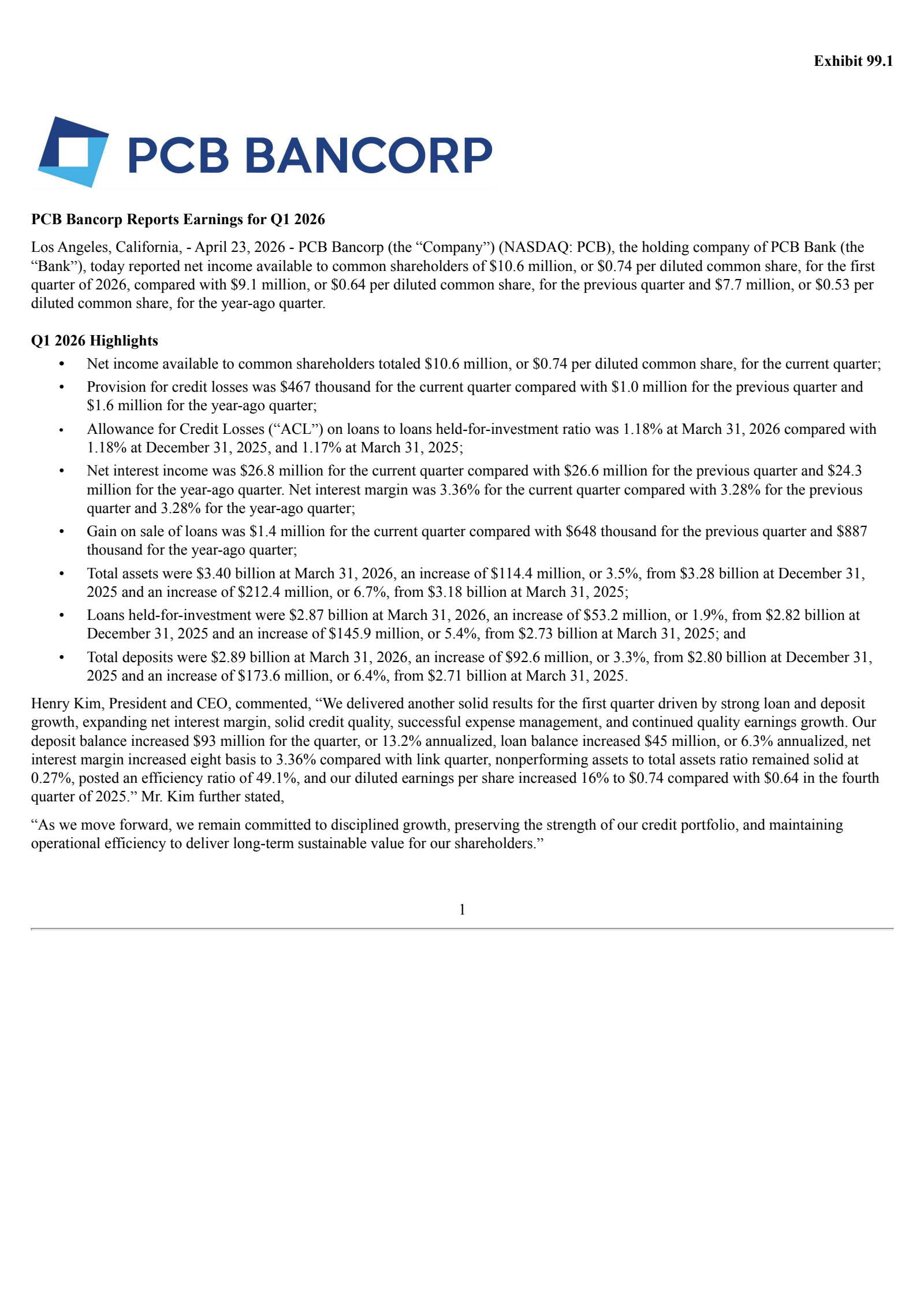 PCB Bancorp's Q1 2026 Press Release