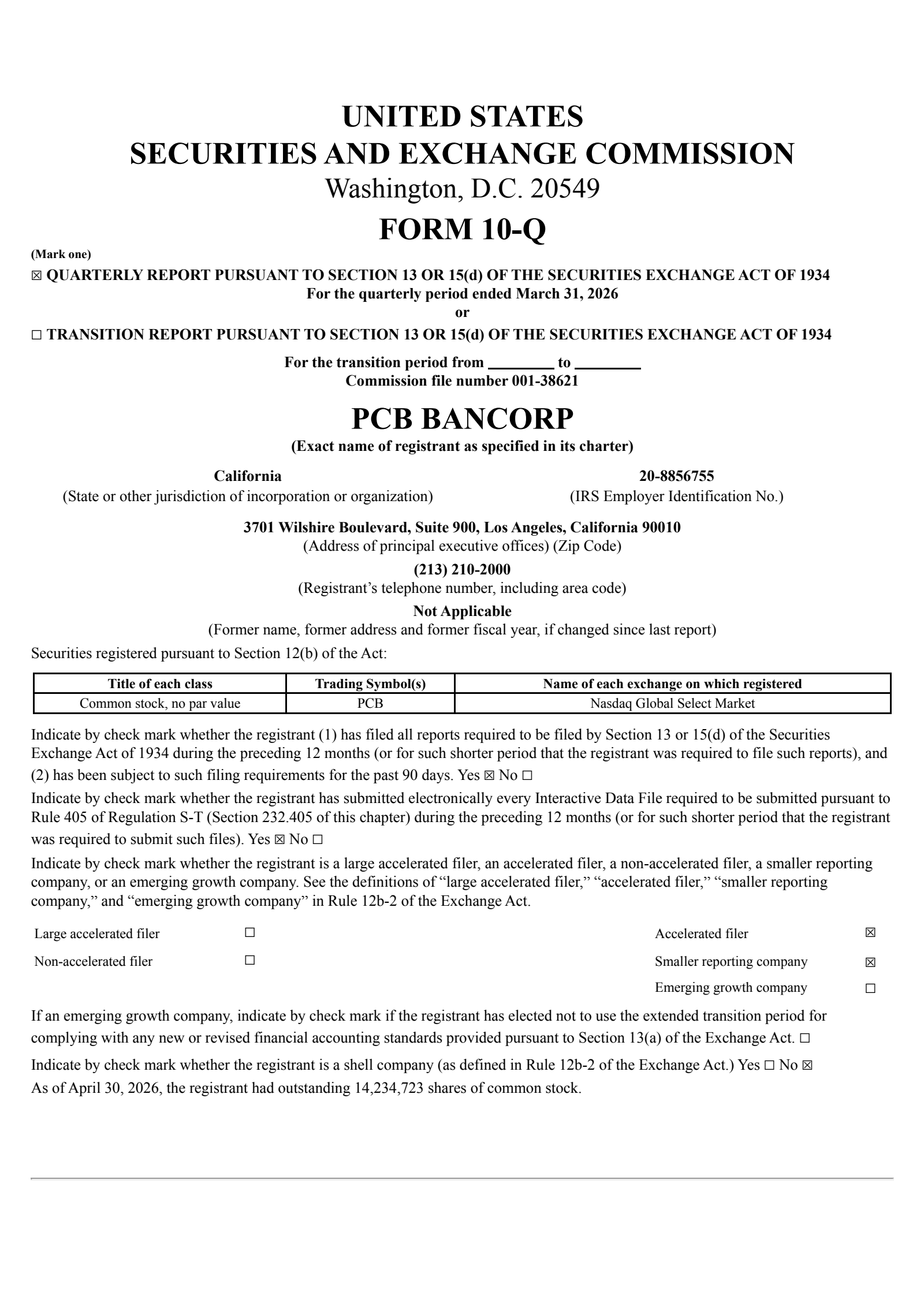 PCB Bancorp's Q1 2026 Quarterly report