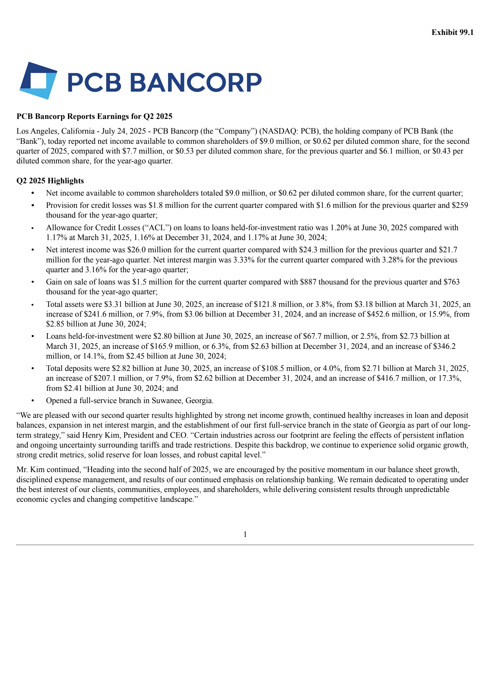PCB Bancorp's Q2 2025 Press Release