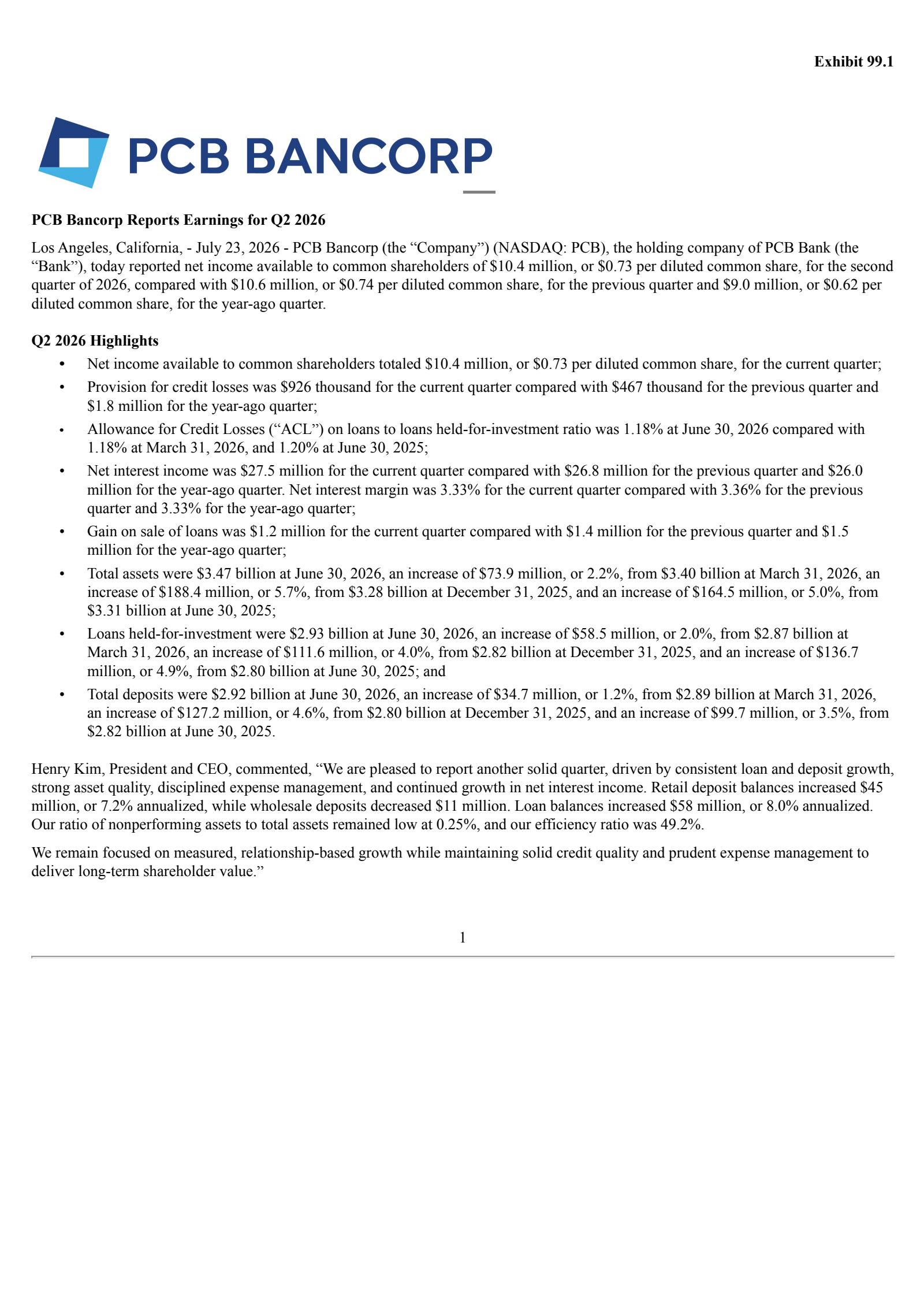 PCB Bancorp's Q2 2026 Press Release