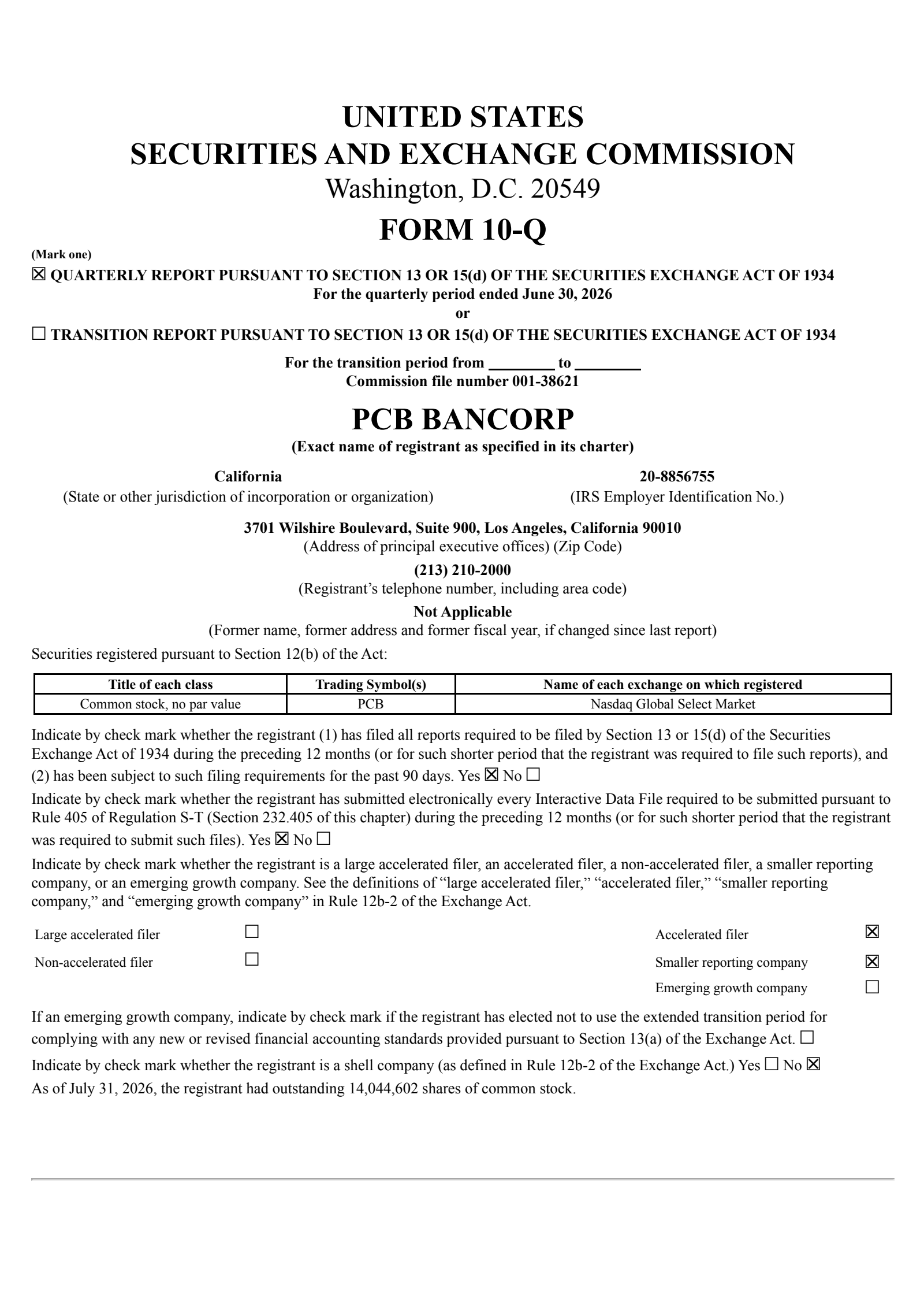 PCB Bancorp's Q2 2026 Quarterly report