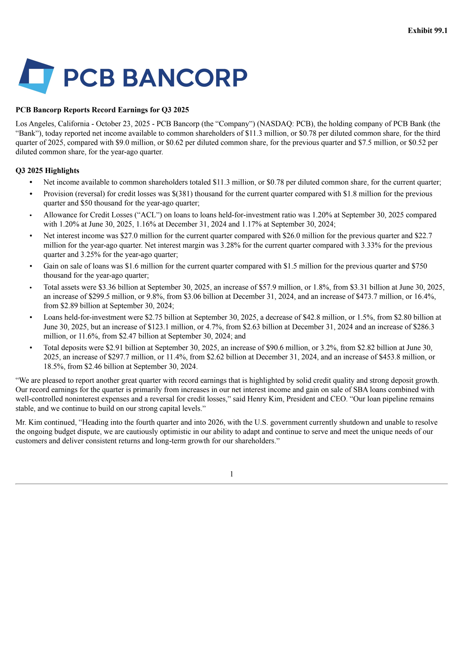 PCB Bancorp's Q3 2025 Earnings Release