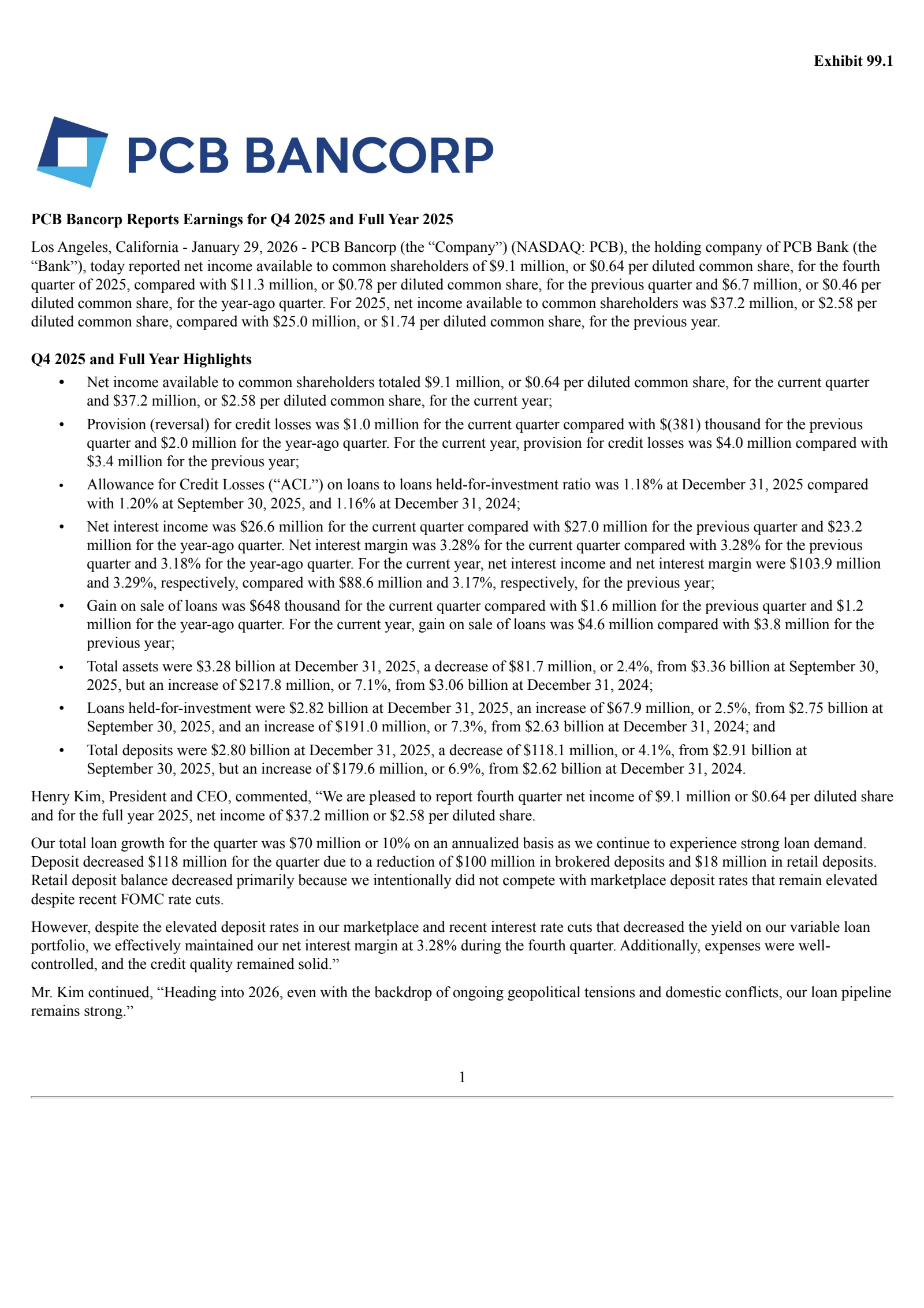 PCB Bancorp's Q4 2025 Press Release
