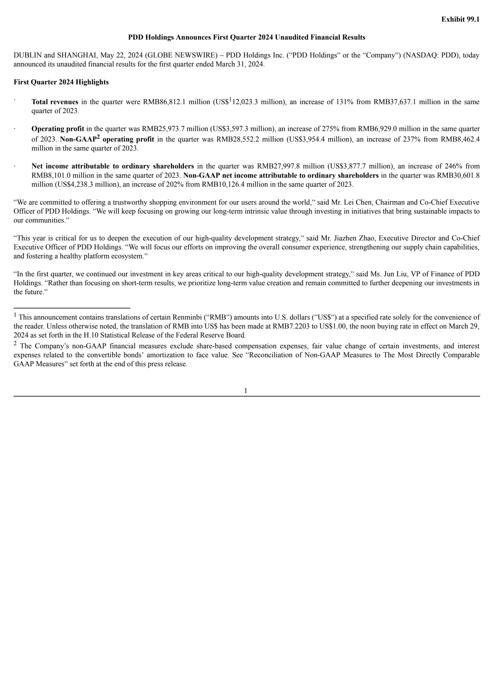PDD's Q1 2024 Press Release