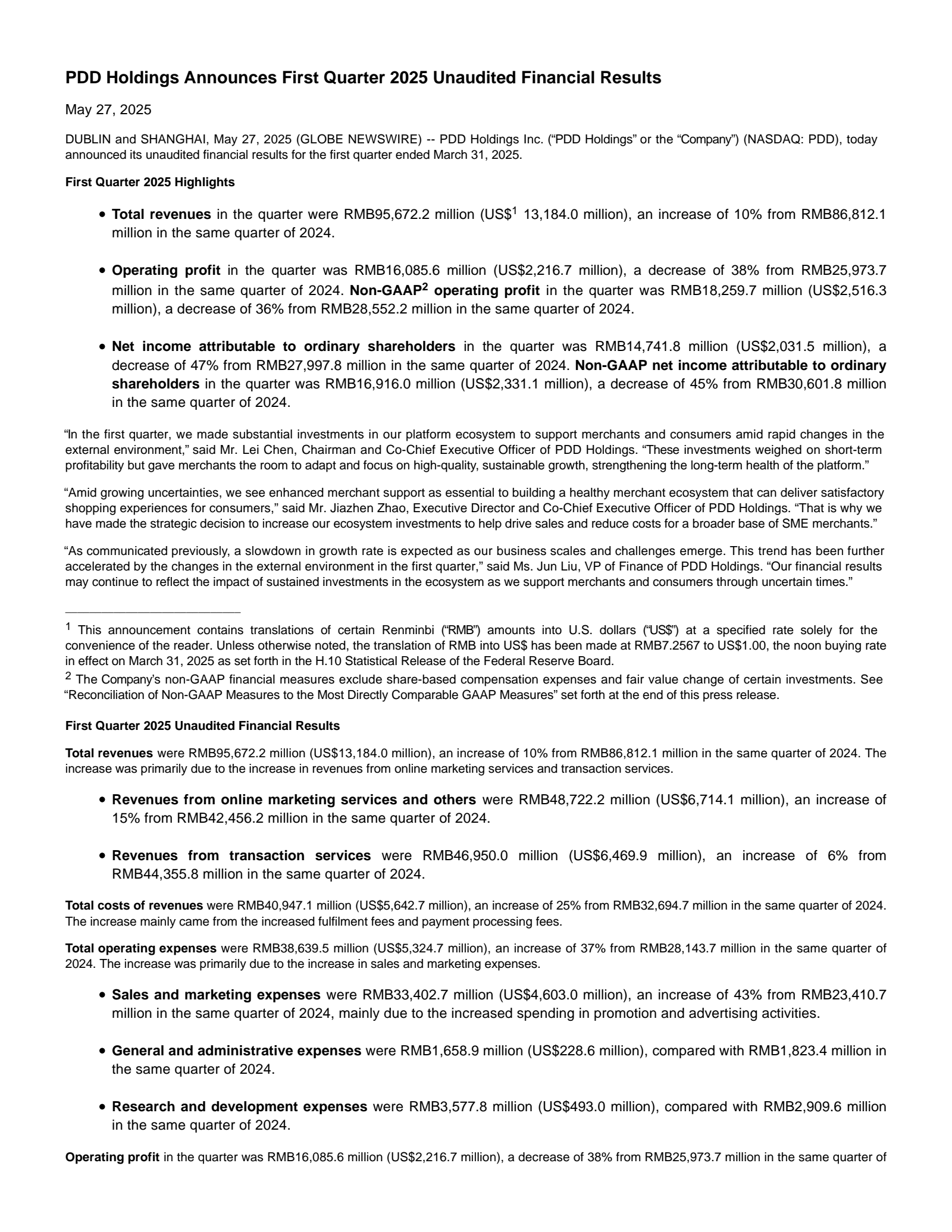 PDD's Q1 2025 Press Release