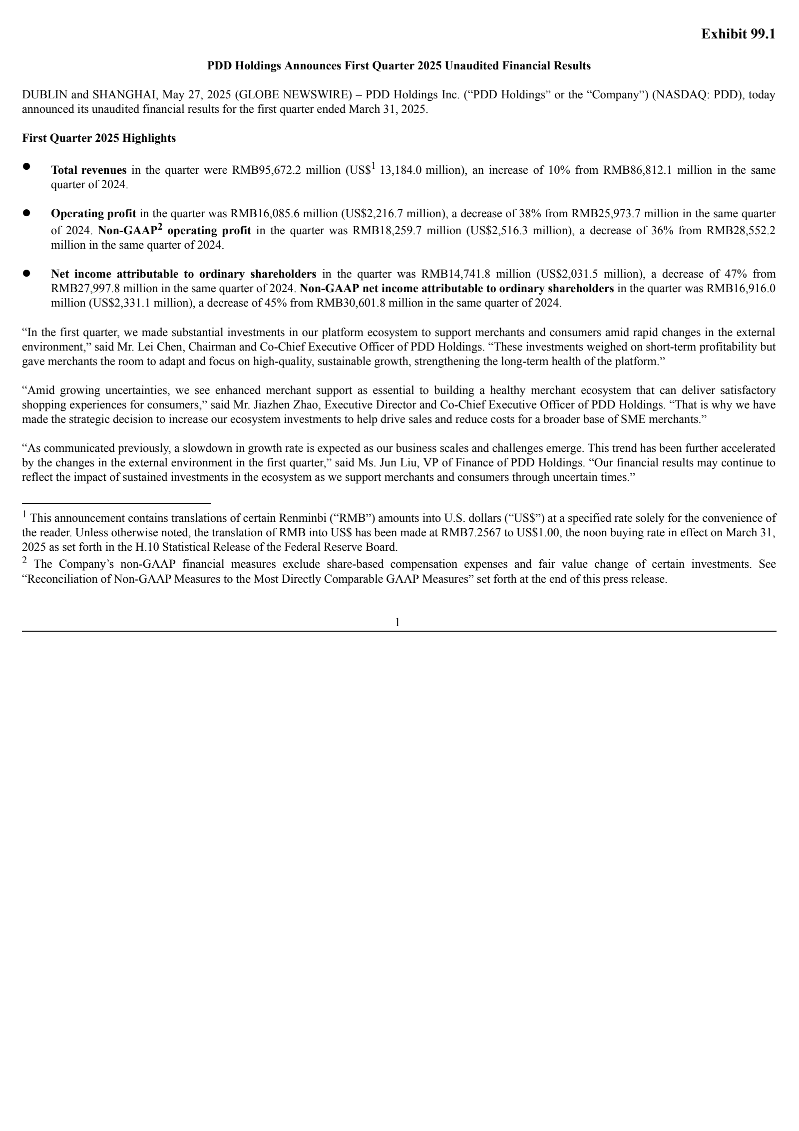 PDD's Q1 2025 Press Release