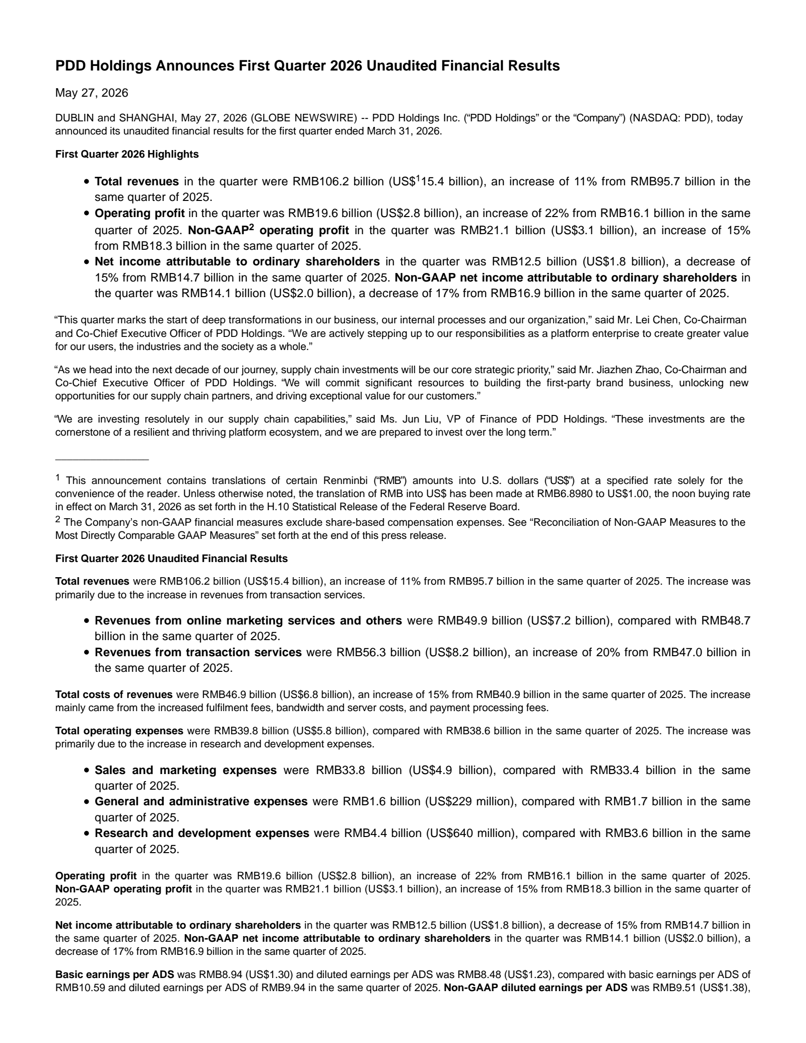 PDD's Q1 2026 Press Release