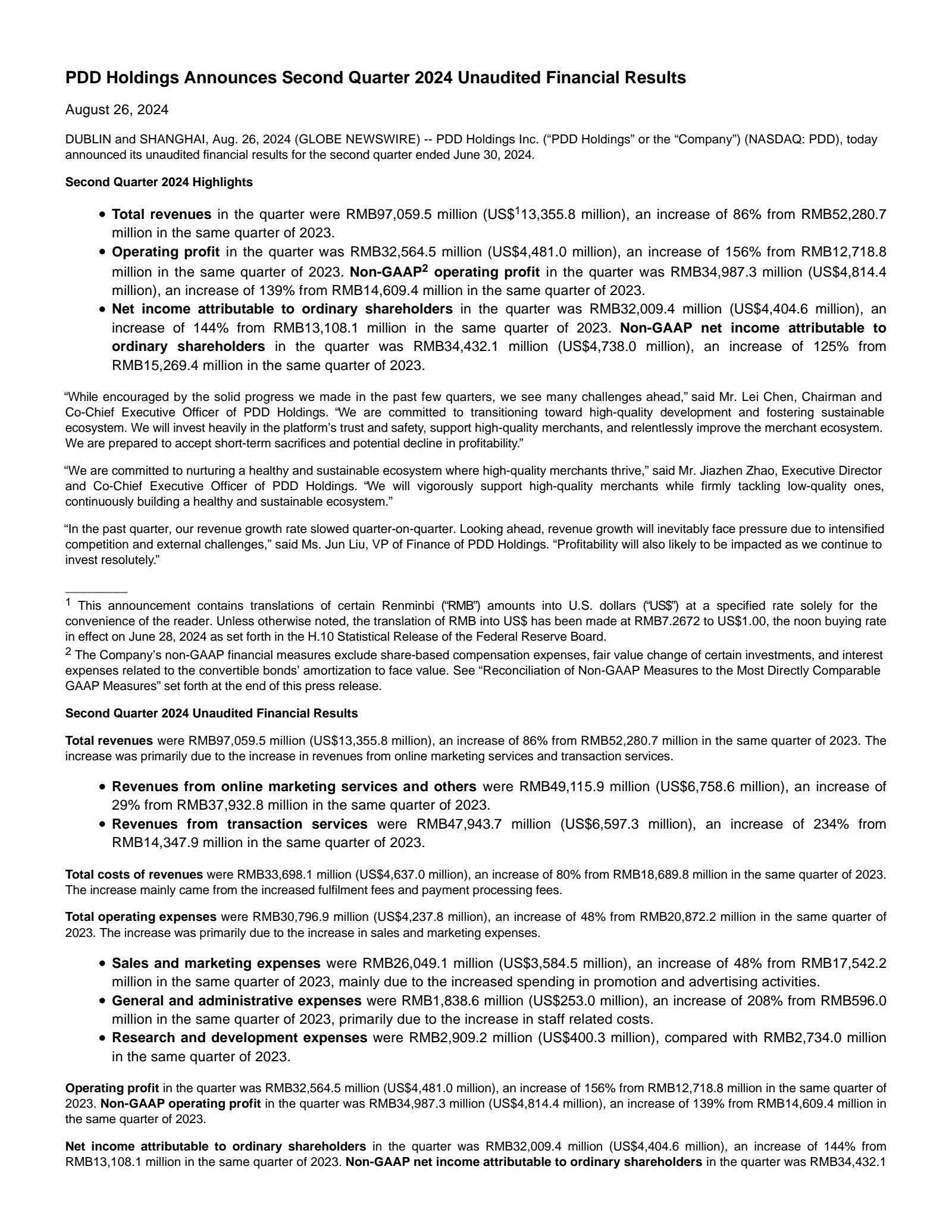 PDD's Q2 2024 Press Release