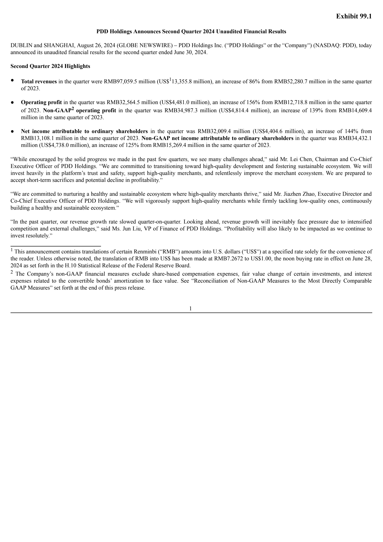 PDD's Q2 2024 Press Release