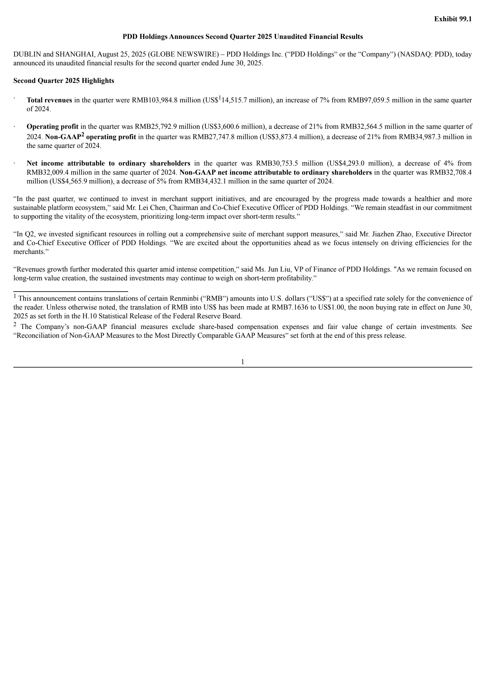 PDD's Q2 2025 Press Release