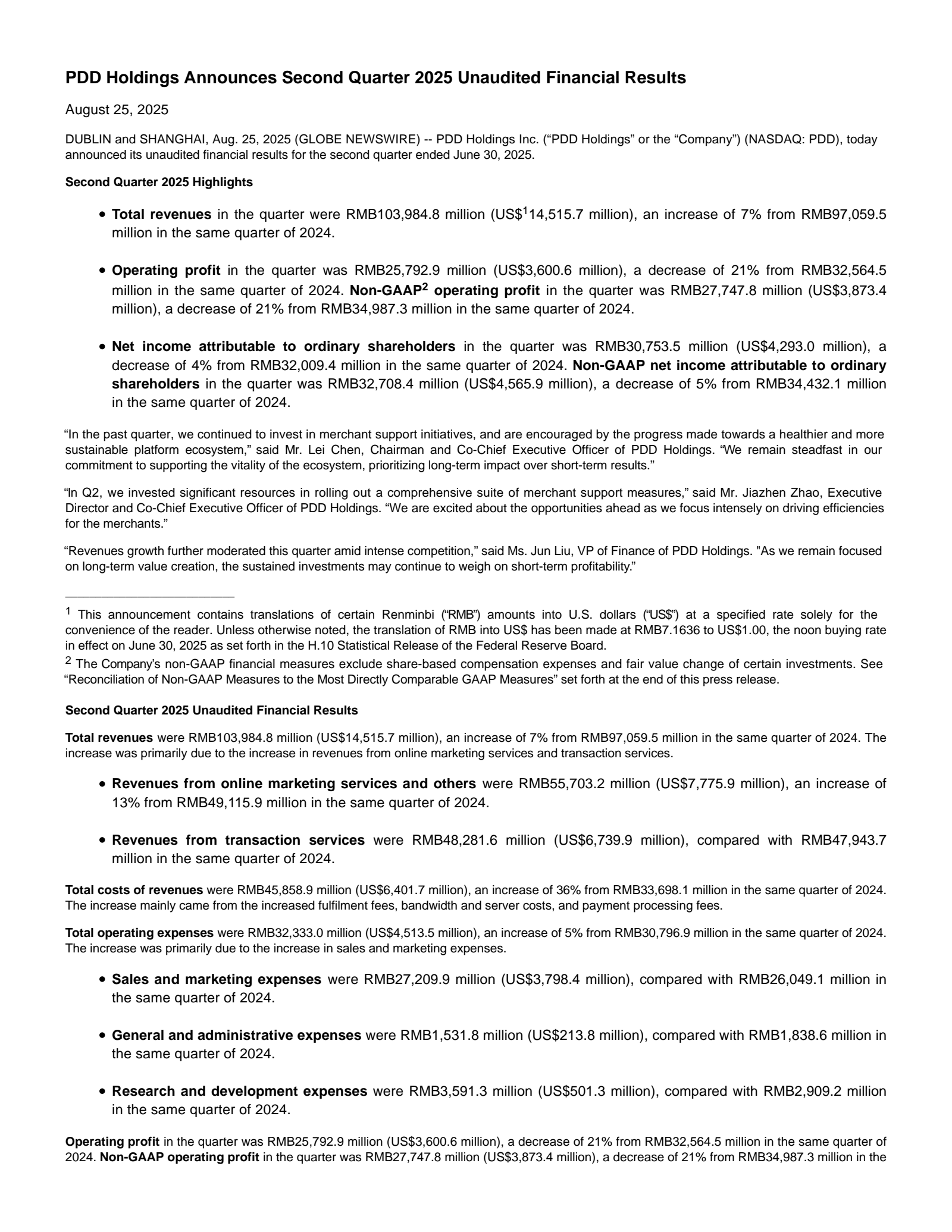 PDD's Q2 2025 Press Release