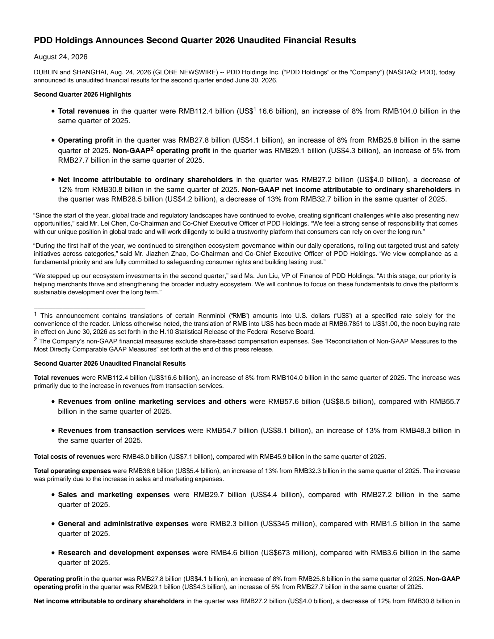 PDD's Q2 2026 Press Release