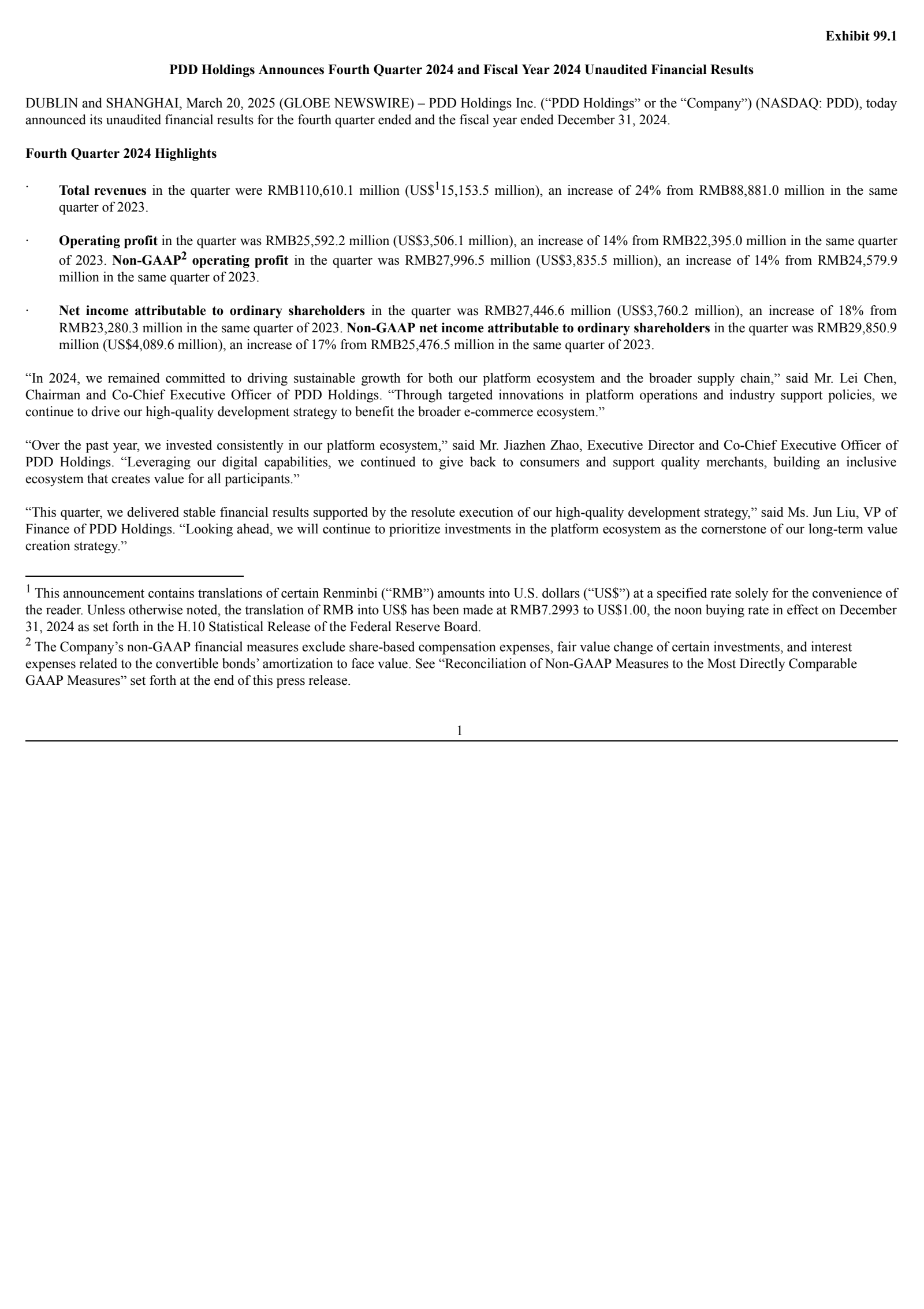 PDD's Q4 2024 Press Release