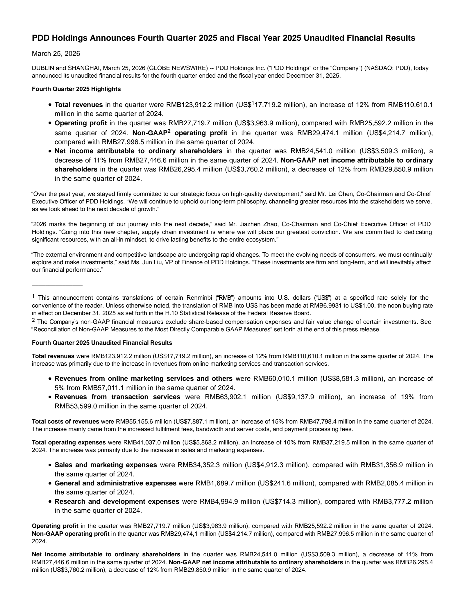 PDD's Q4 2025 Press Release
