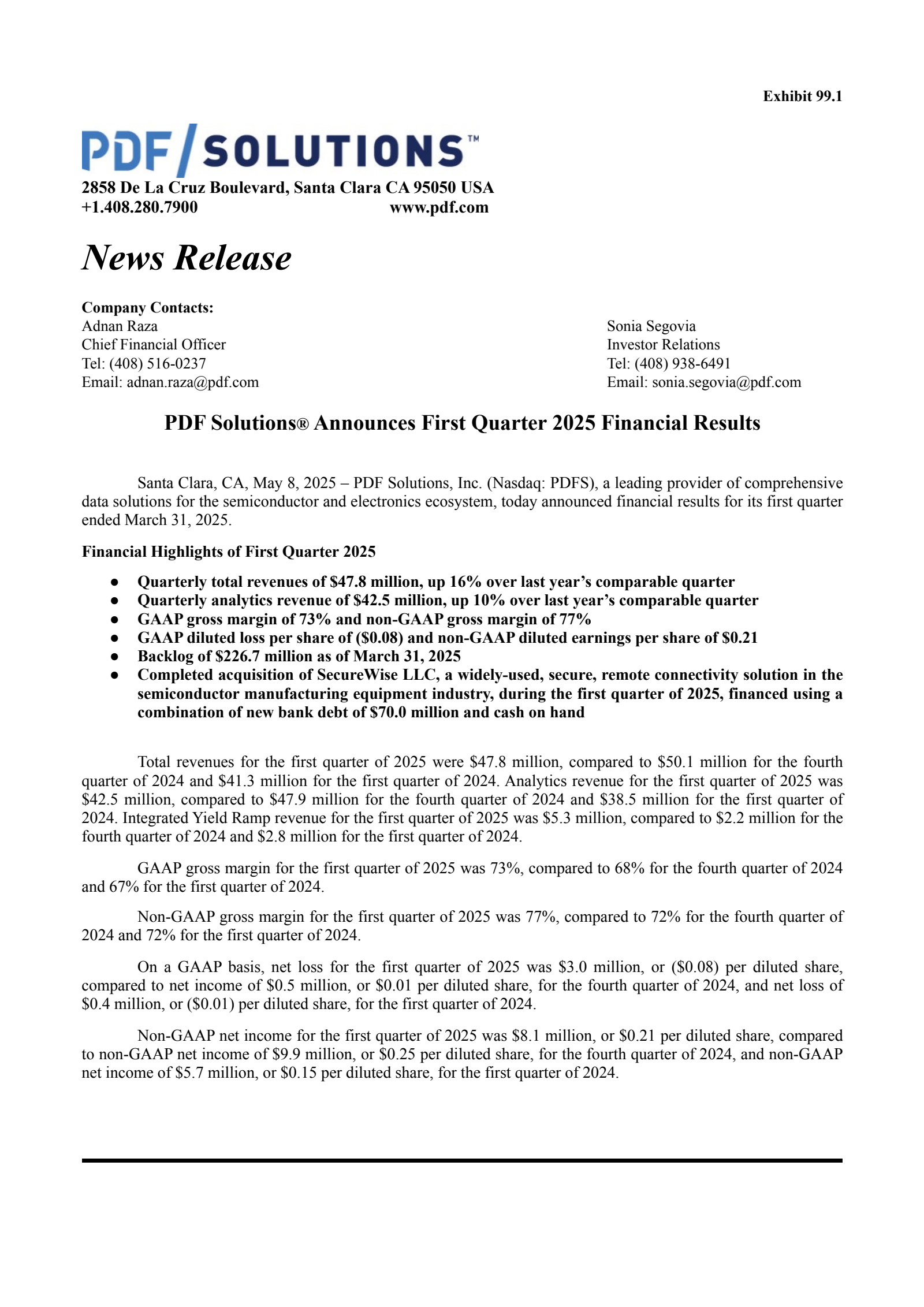 PDF Solutions' Q1 2025 Press Release