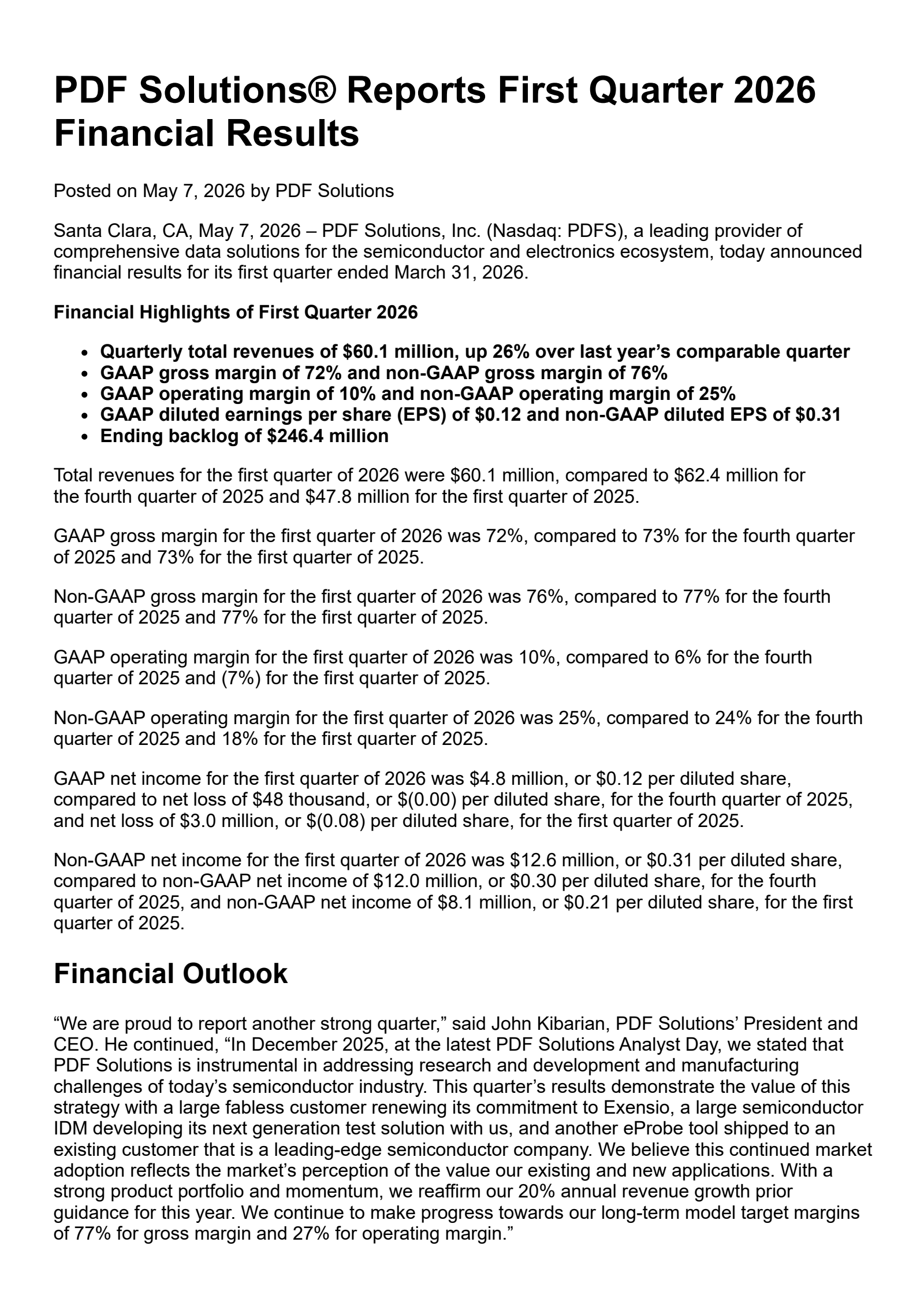 PDF Solutions' Q1 2026 Press Release