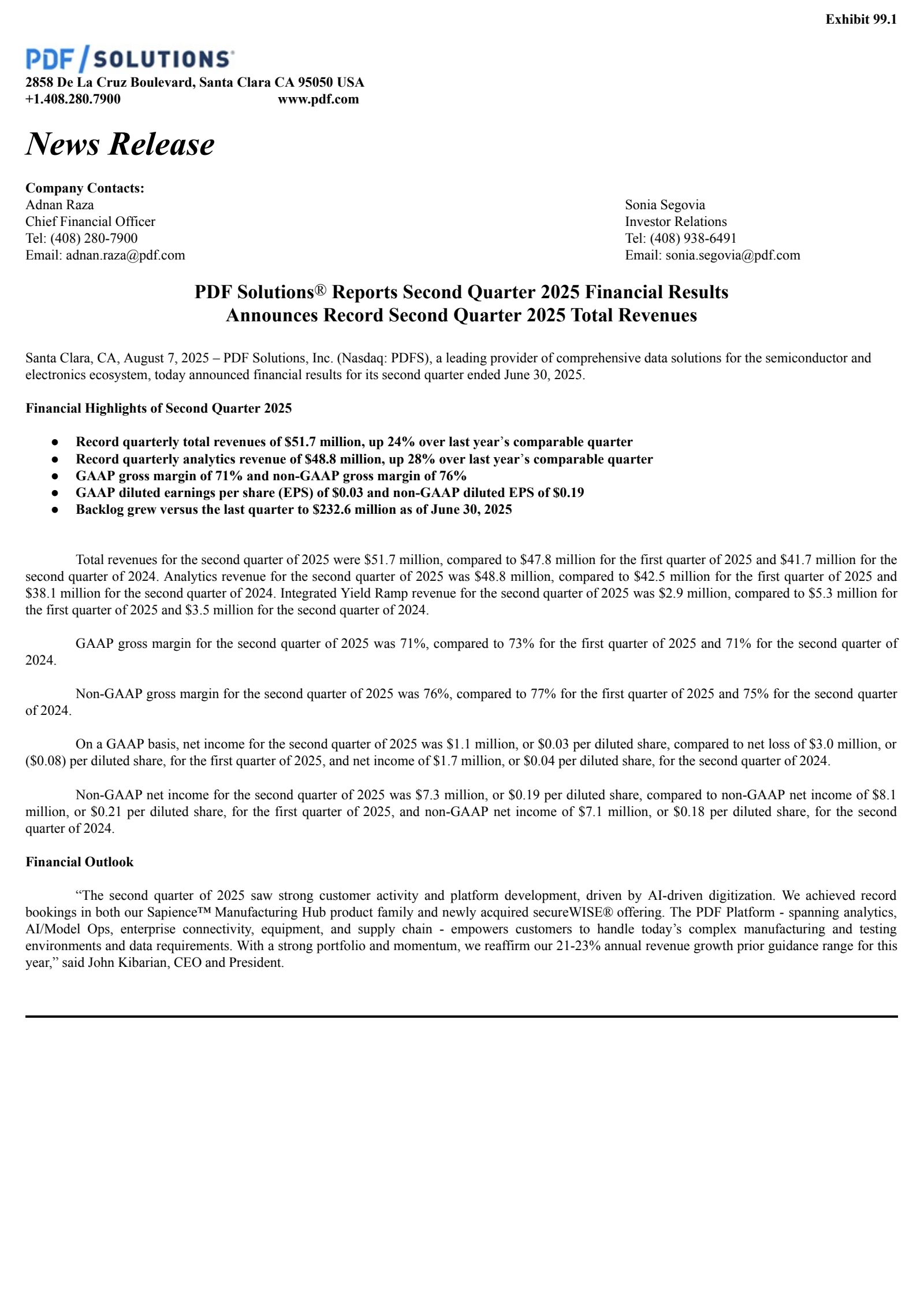 PDF Solutions' Q2 2025 Press Release