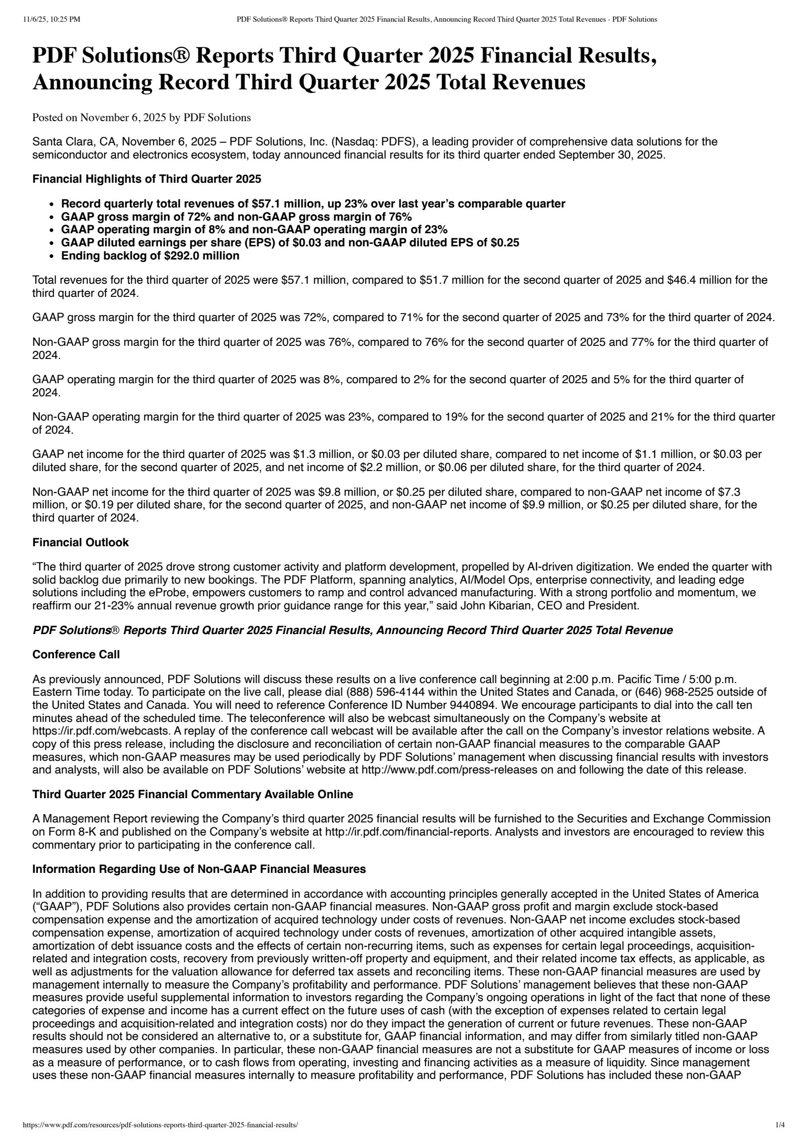 PDF Solutions' Q3 2025 Earnings Release