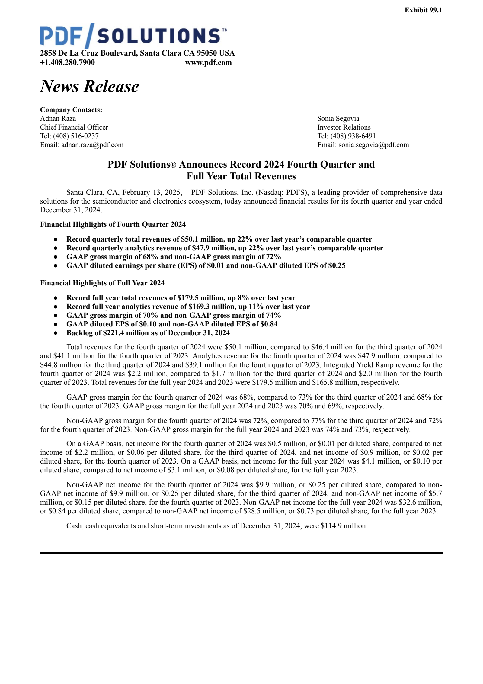 PDF Solutions' Q4 2024 Earnings Release