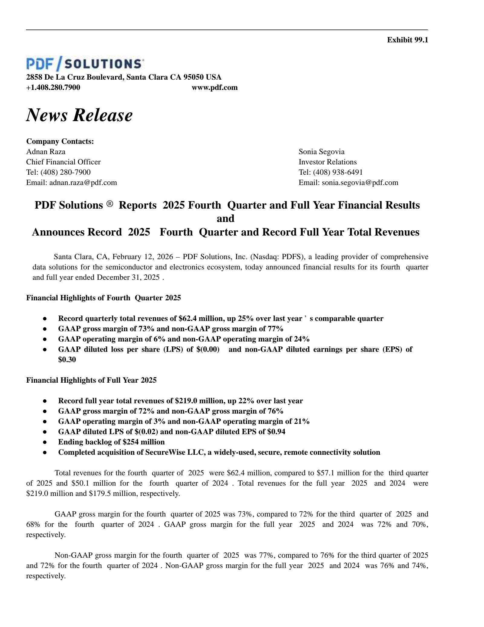 PDF Solutions' Q4 2025 Press Release