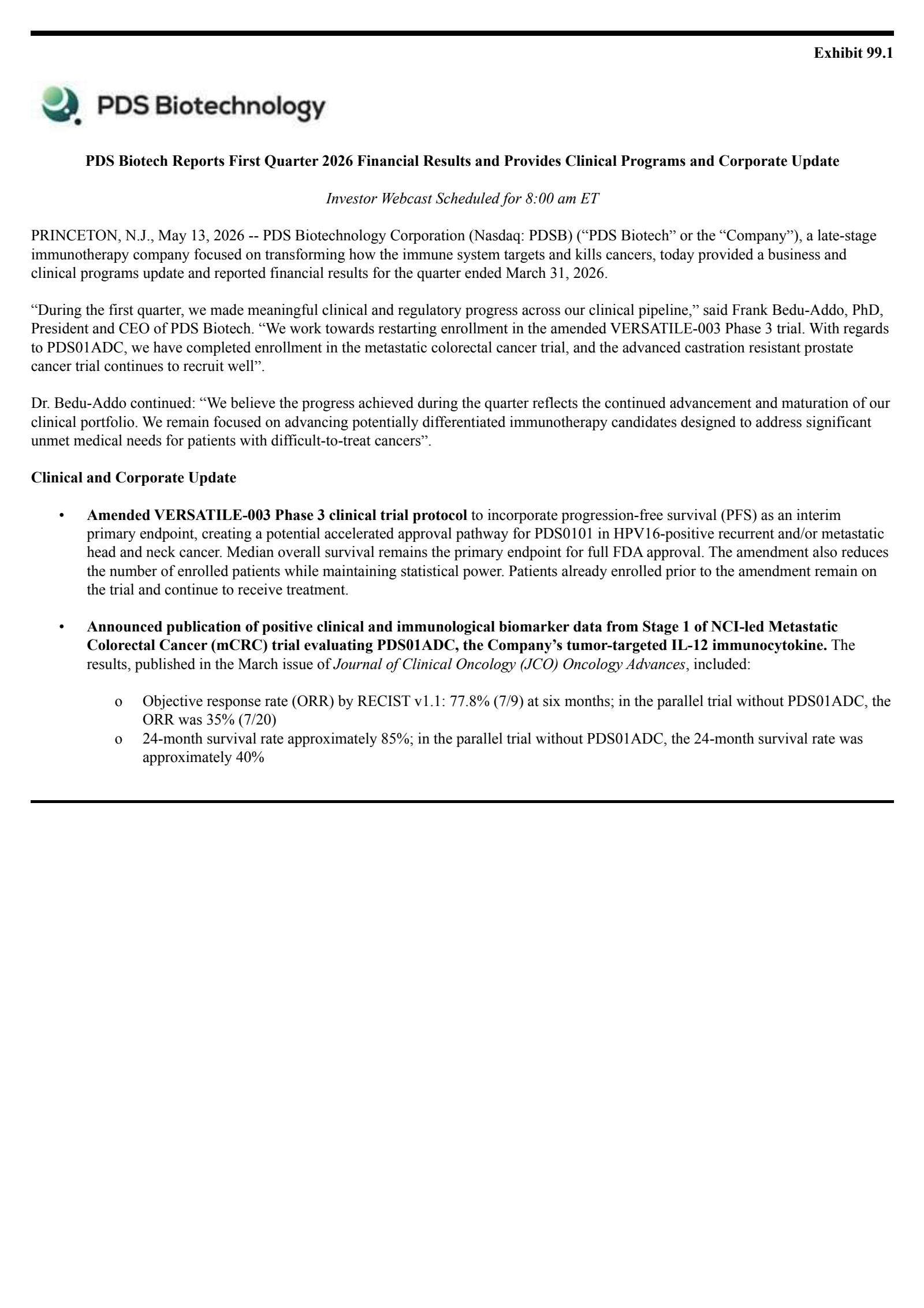 PDS Biotechnology's Q1 2026 Press Release