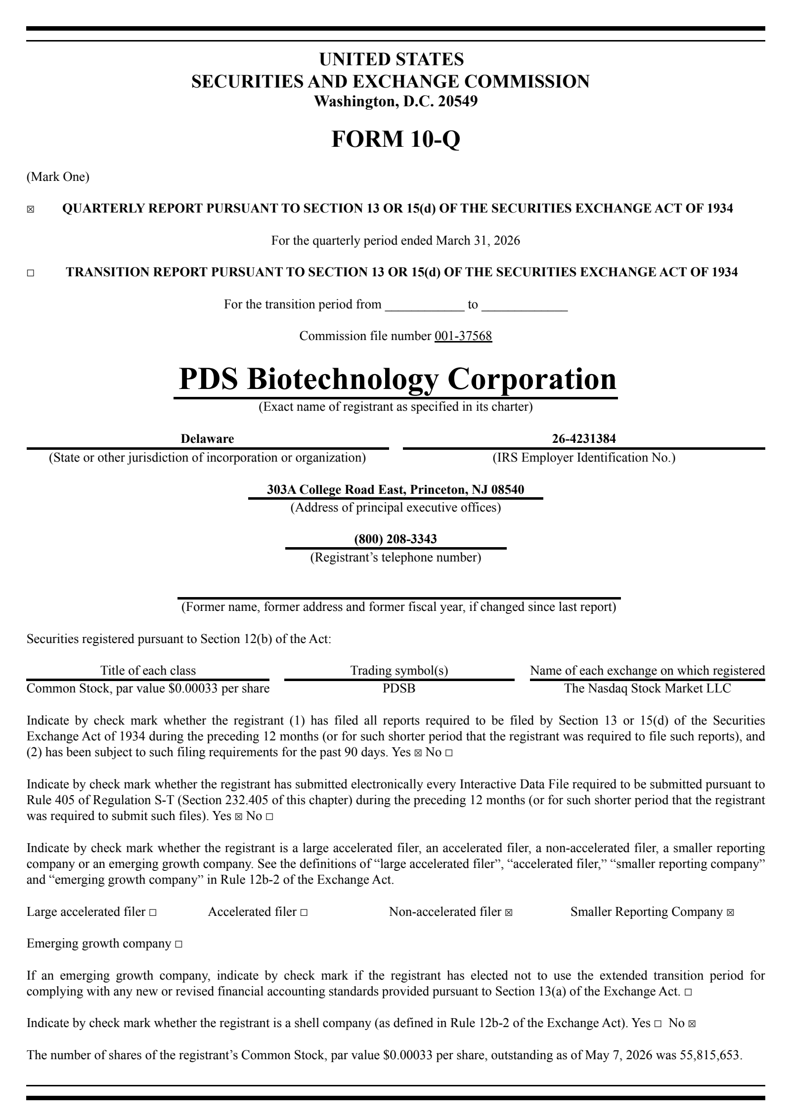 PDS Biotechnology's Q1 2026 Quarterly report