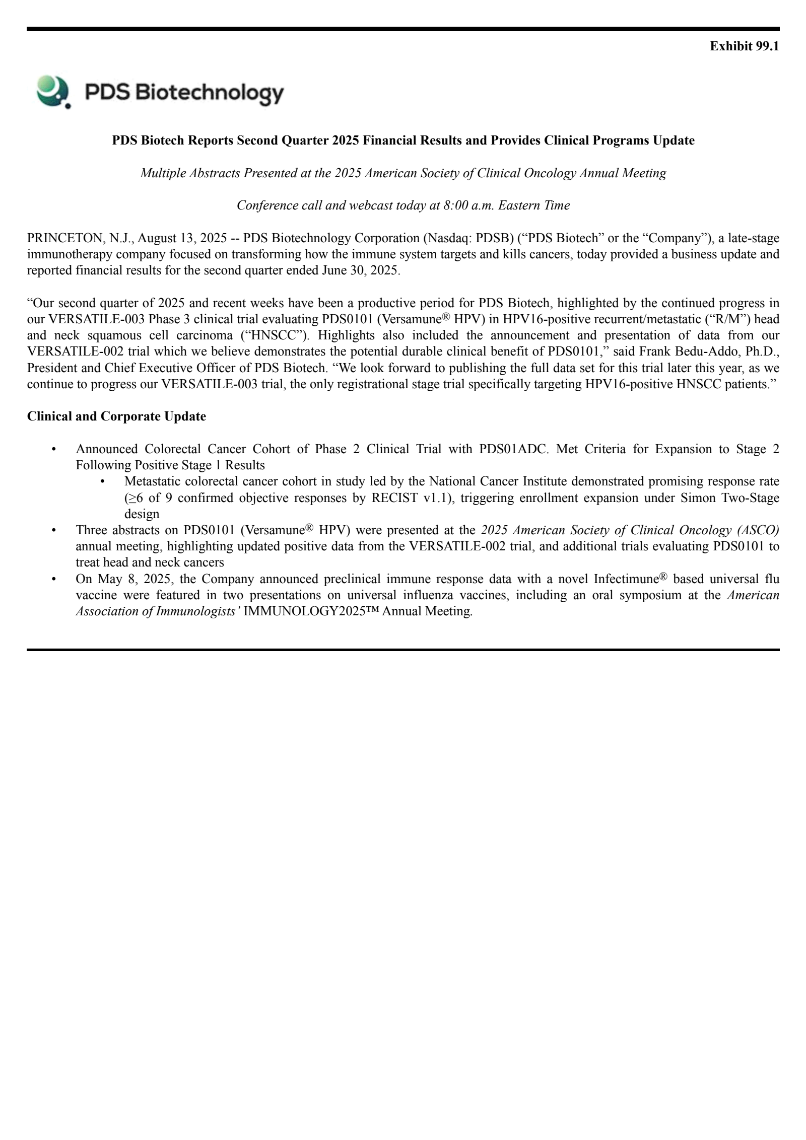 PDS Biotechnology's Q2 2025 Press Release