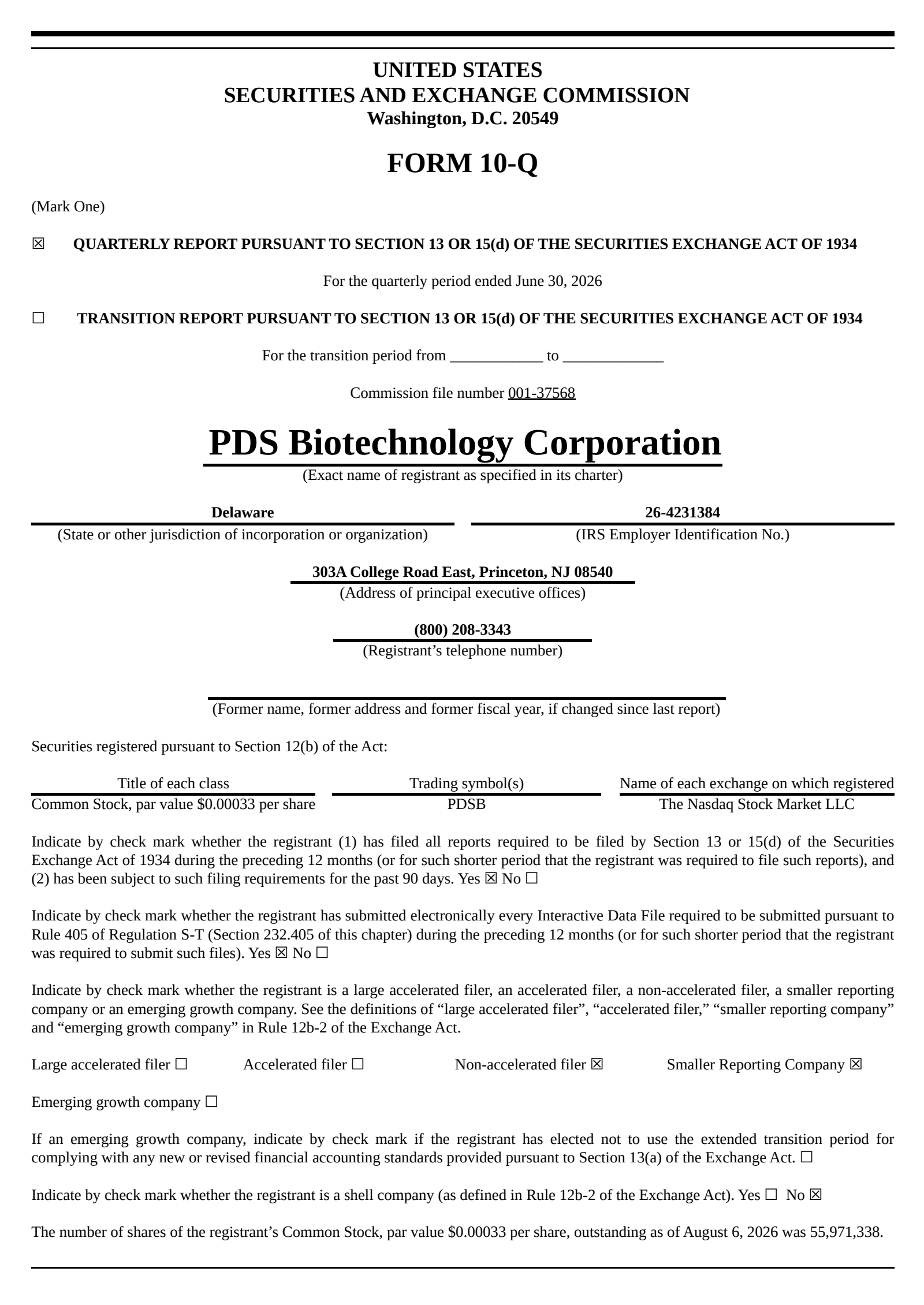 PDS Biotechnology's Q2 2026 Quarterly report