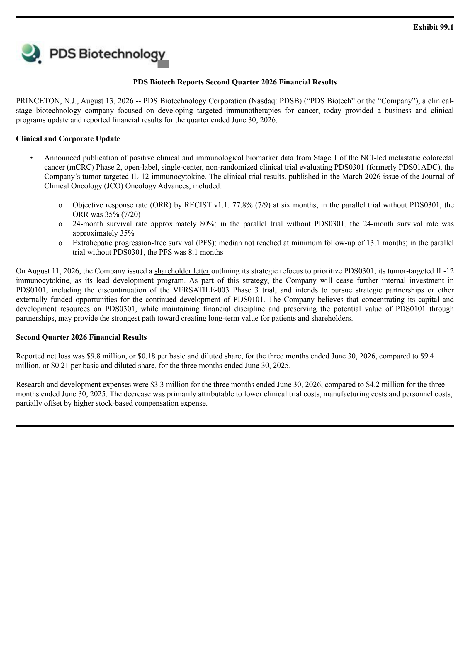 PDS Biotechnology's Q2 2026 Press Release