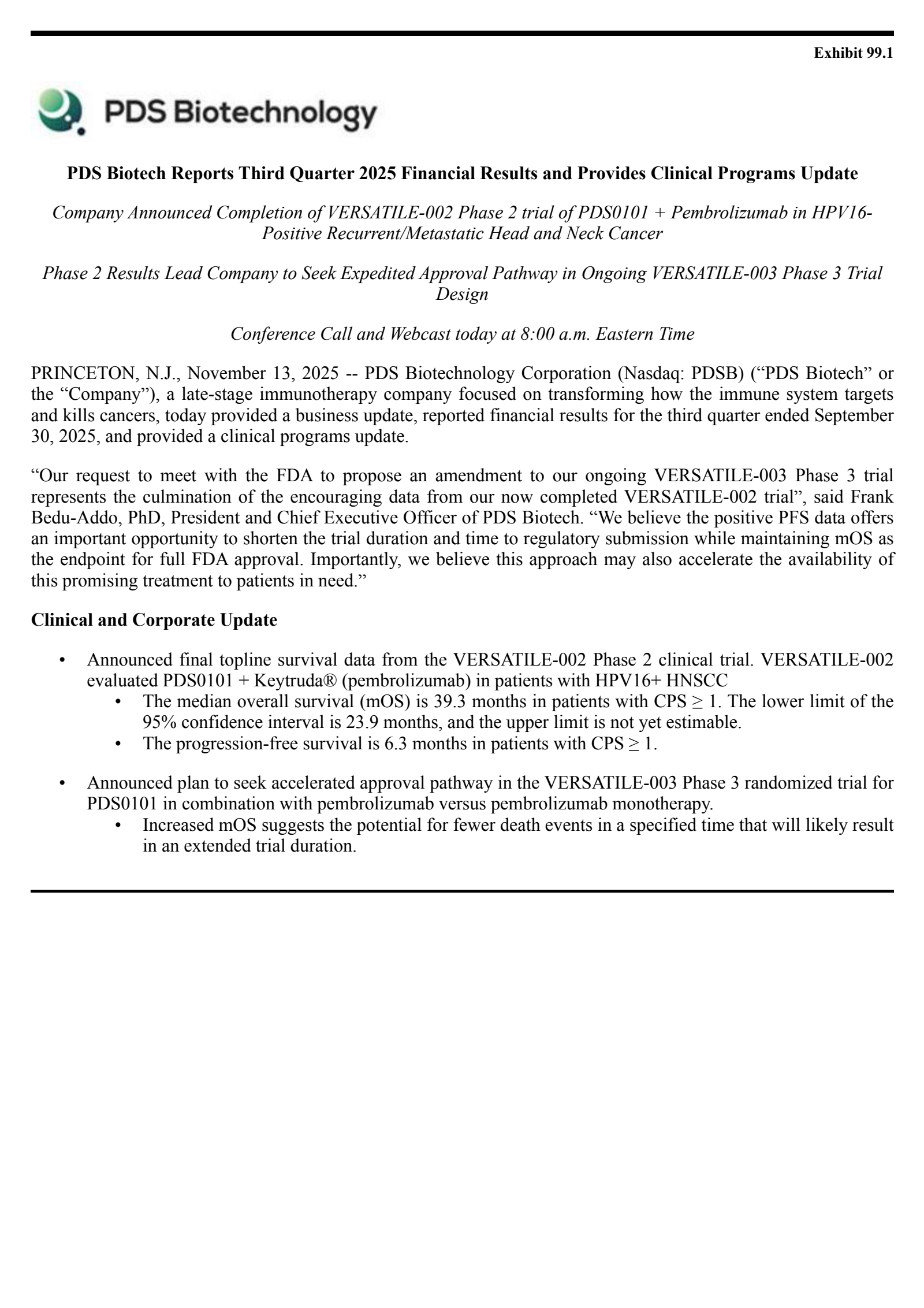 PDS Biotechnology's Q3 2025 Earnings Release