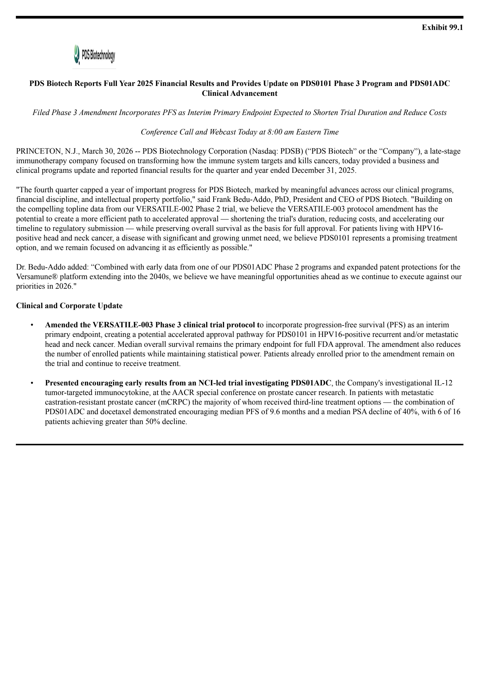 PDS Biotechnology's Q4 2025 Press Release