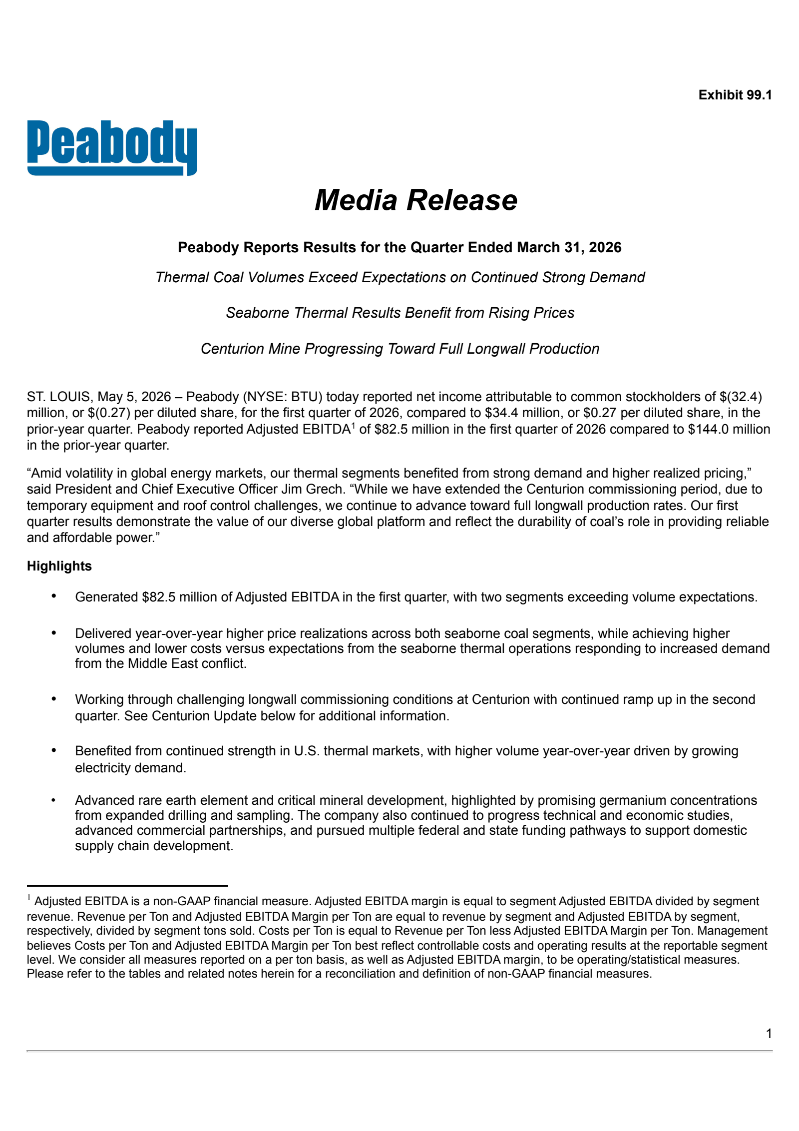 Peabody Energy's Q1 2026 Press Release