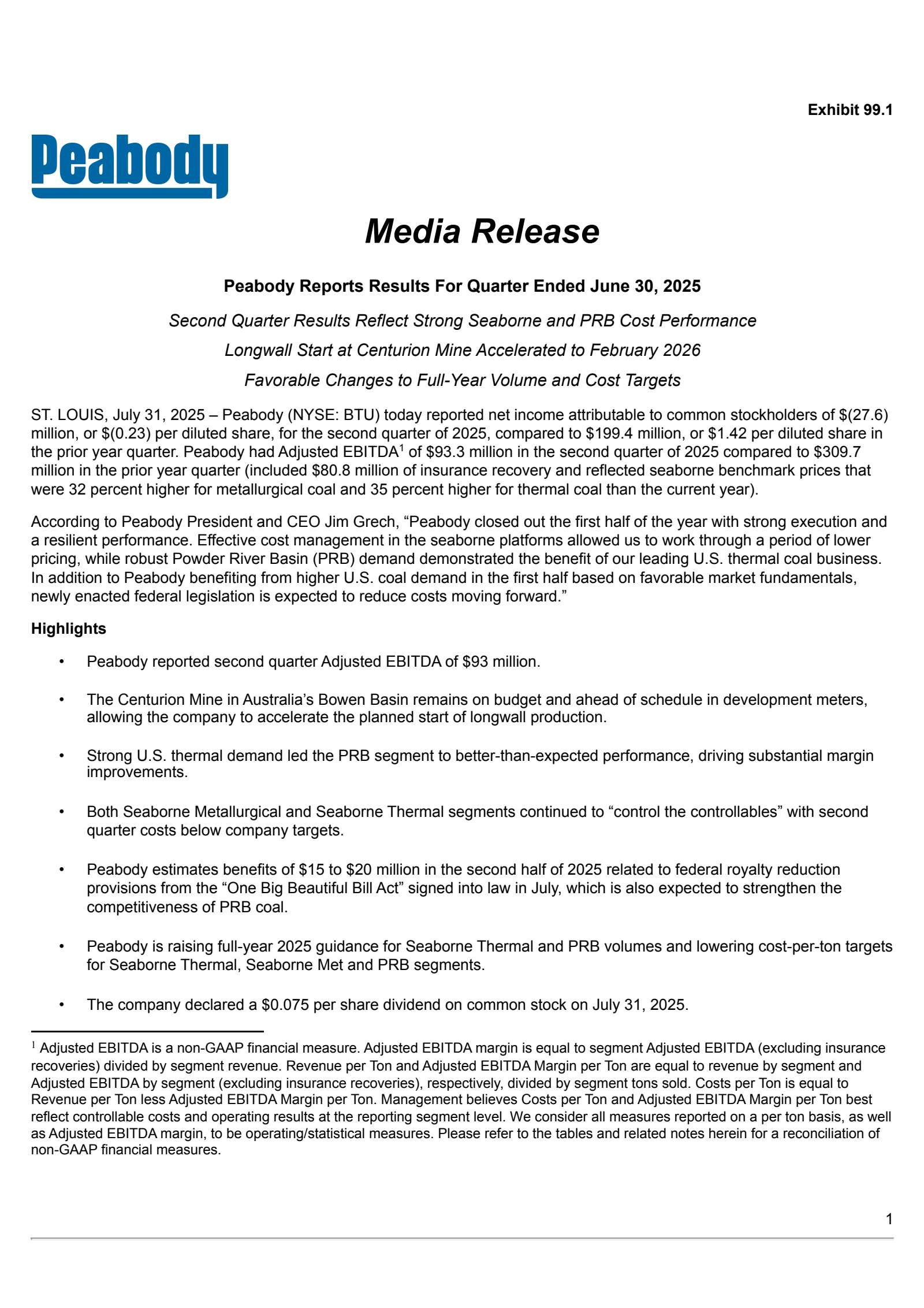 Peabody Energy's Q2 2025 Press Release