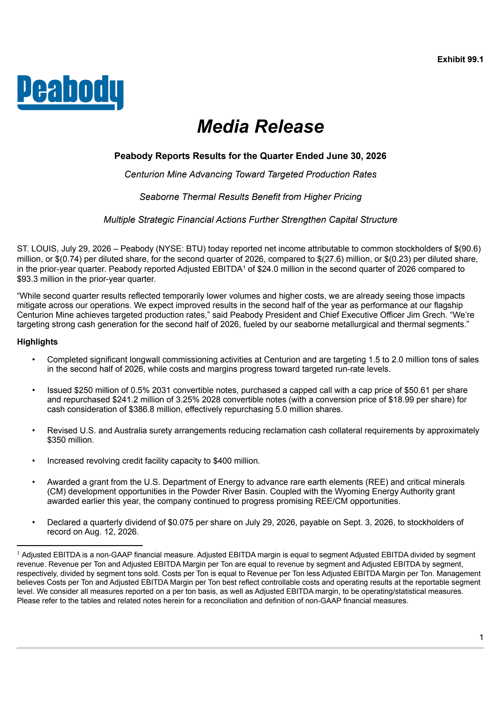 Peabody Energy's Q2 2026 Press Release