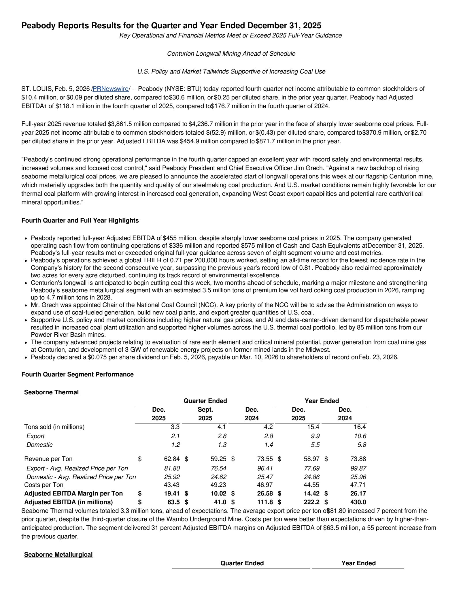 Peabody Energy's Q4 2025 Press Release