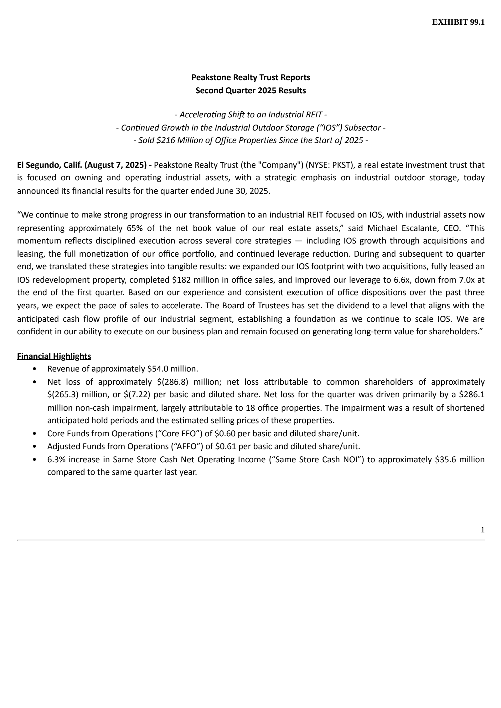 Peakstone Realty Trust's Q2 2025 Press Release
