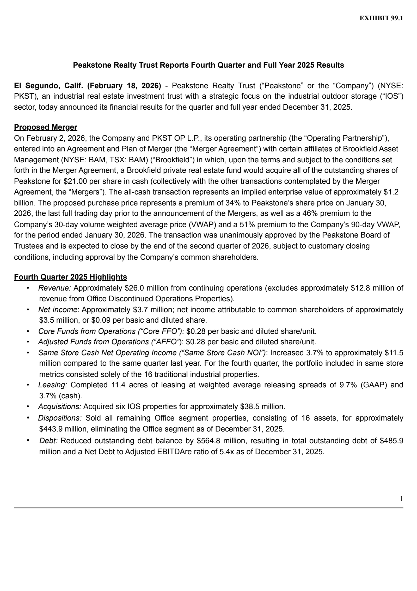 Peakstone Realty Trust's Q4 2025 Press Release