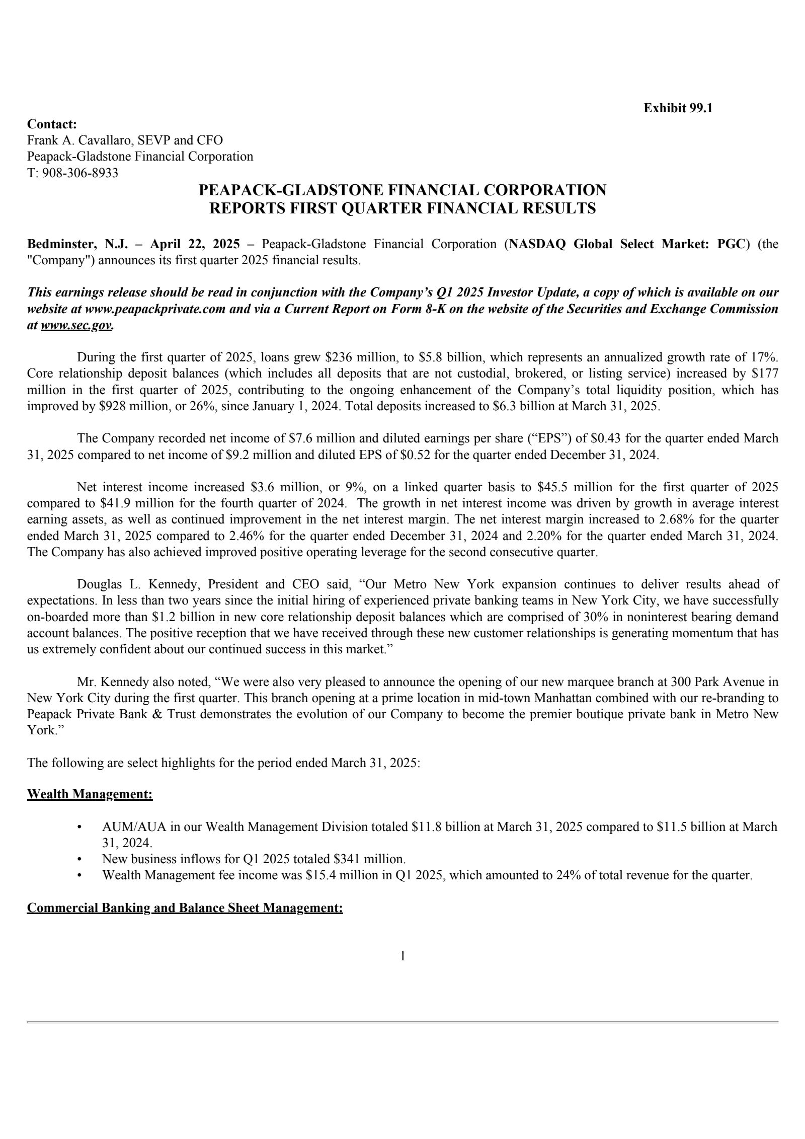 Peapack-Gladstone Financial's Q1 2025 Press Release