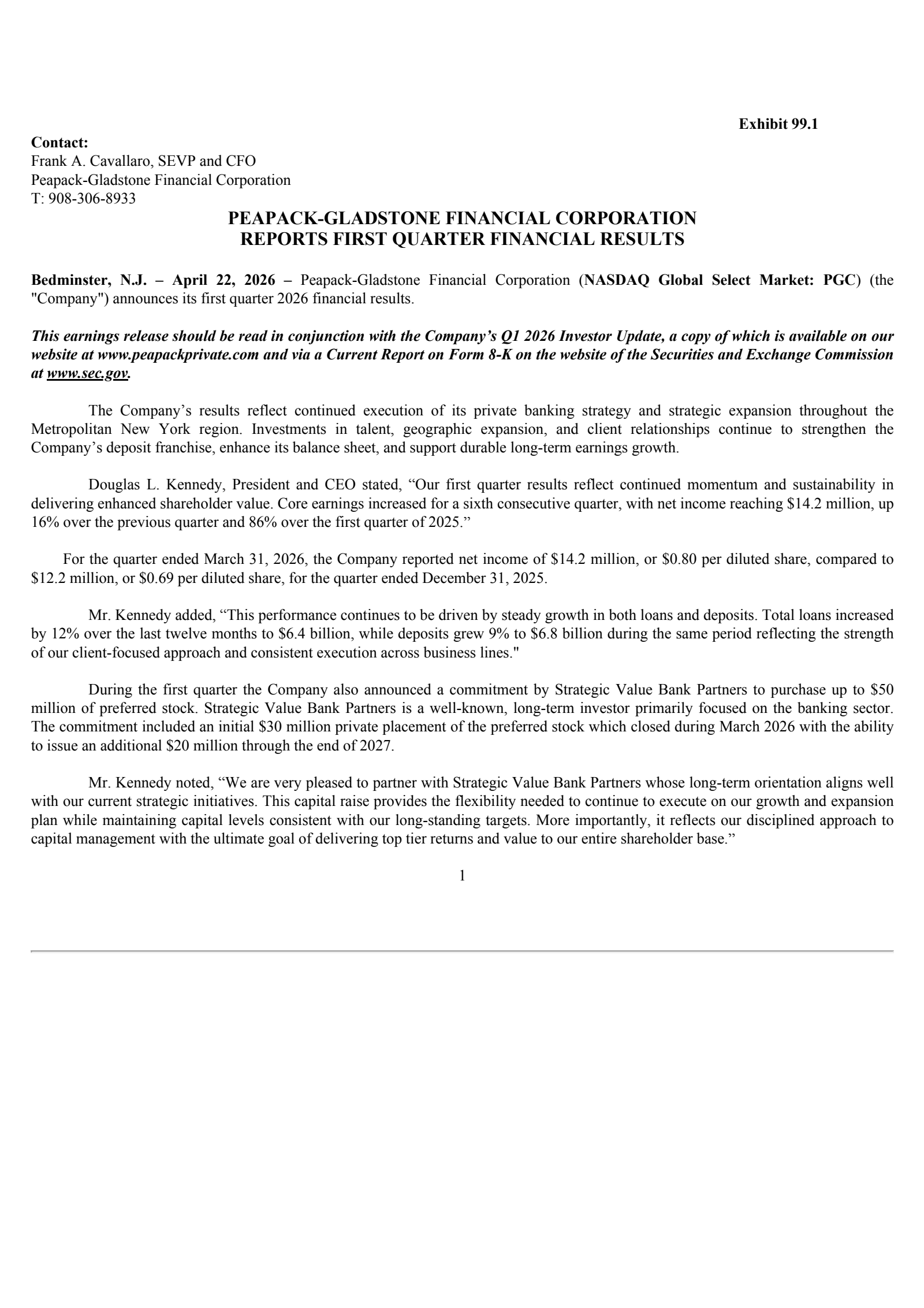 Peapack-Gladstone Financial's Q1 2026 Press Release