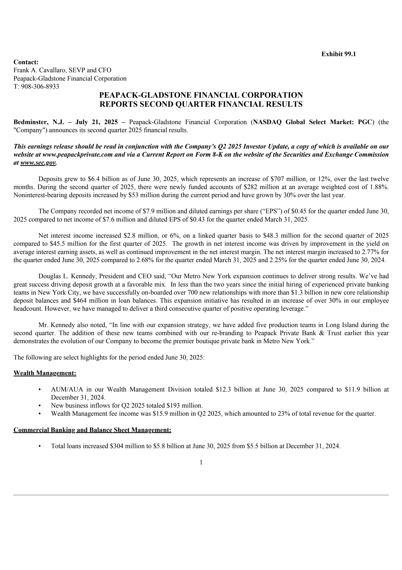 Peapack-Gladstone Financial's Q2 2025 Press Release