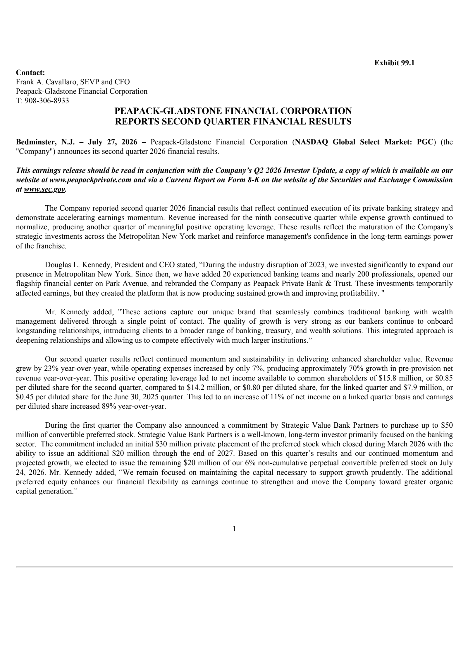 Peapack-Gladstone Financial's Q2 2026 Press Release