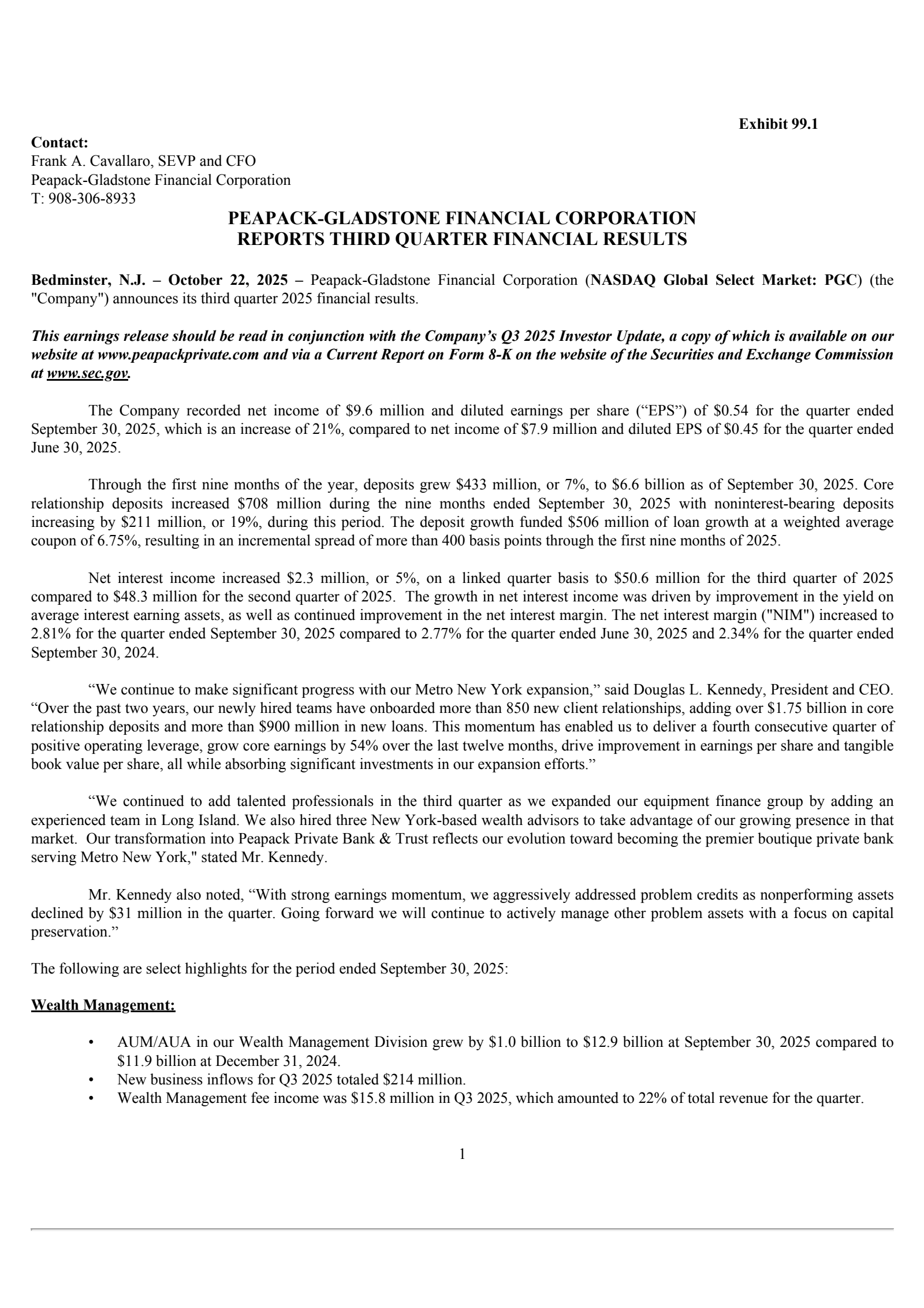 Peapack-Gladstone Financial's Q3 2025 Earnings Release