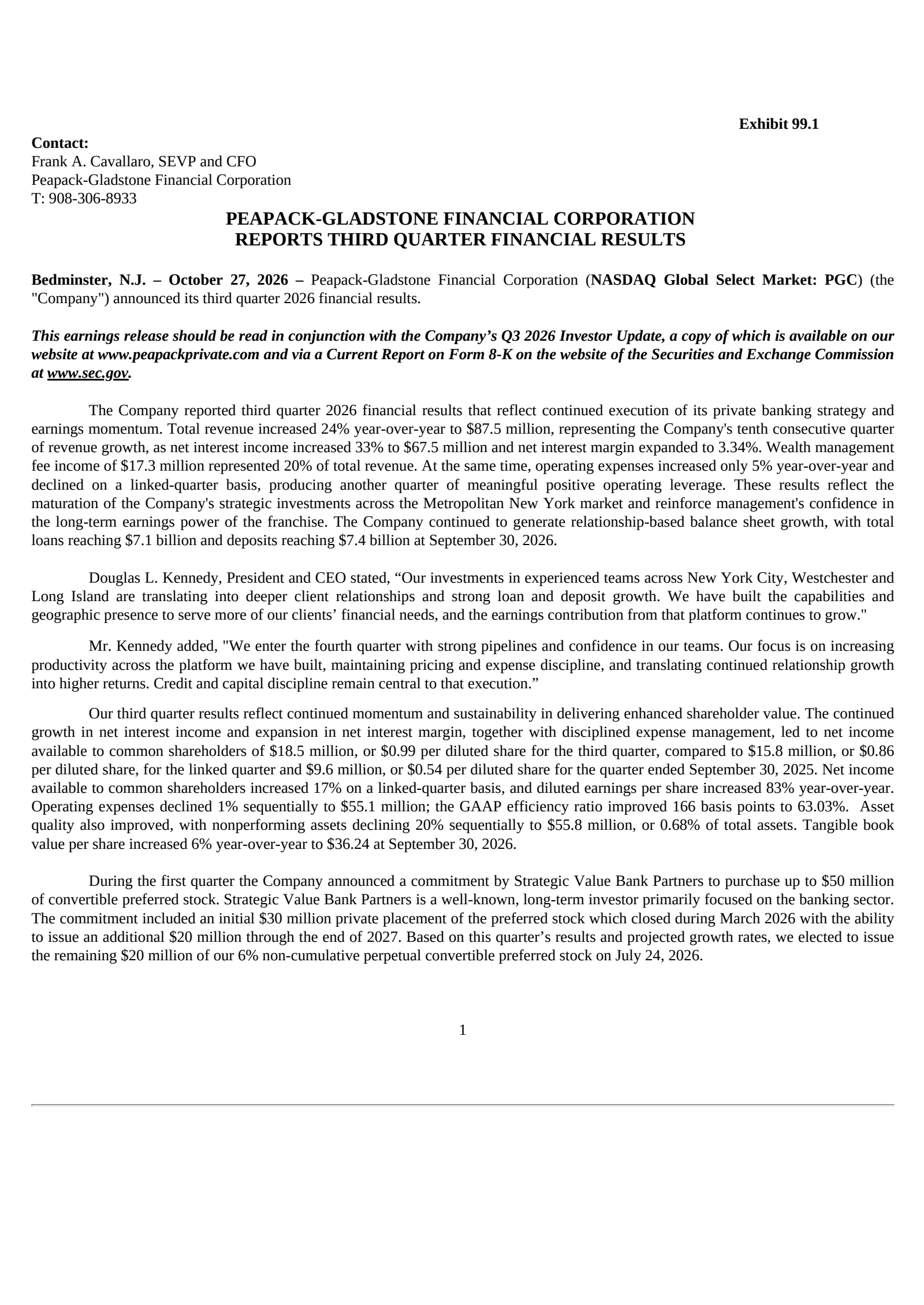 Peapack-Gladstone Financial's Q3 2026 Press Release