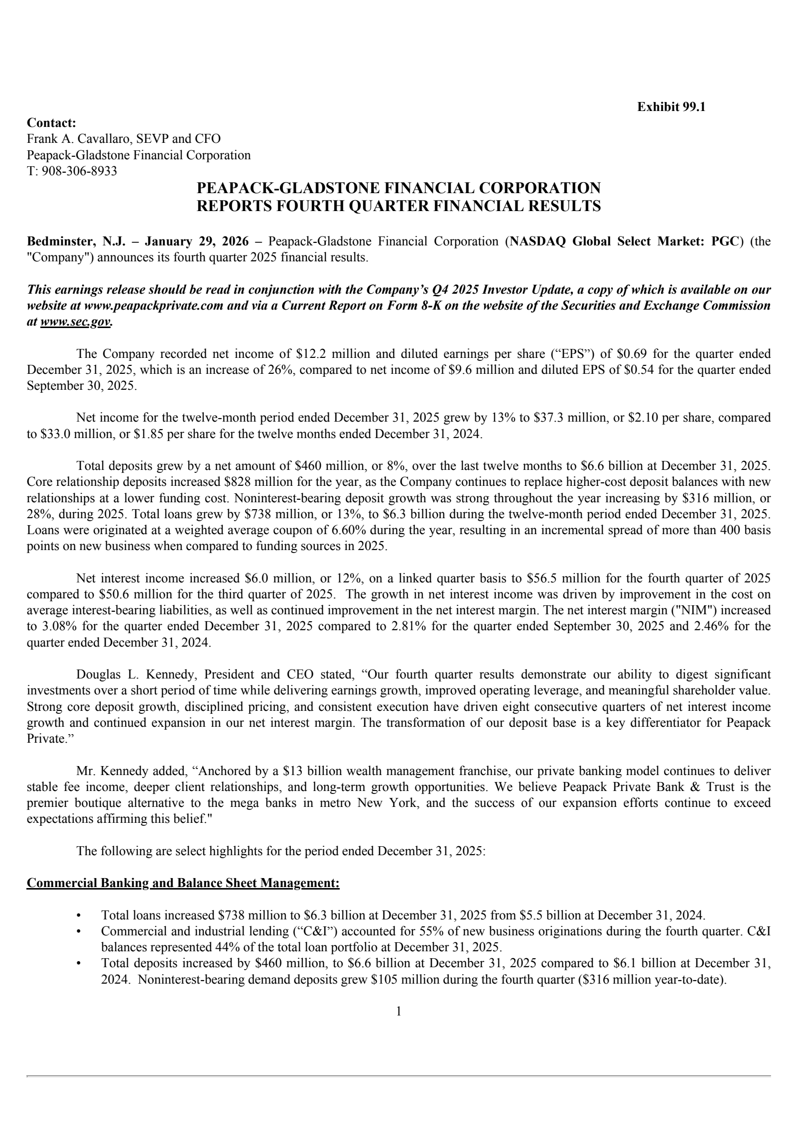 Peapack-Gladstone Financial's Q4 2025 Press Release