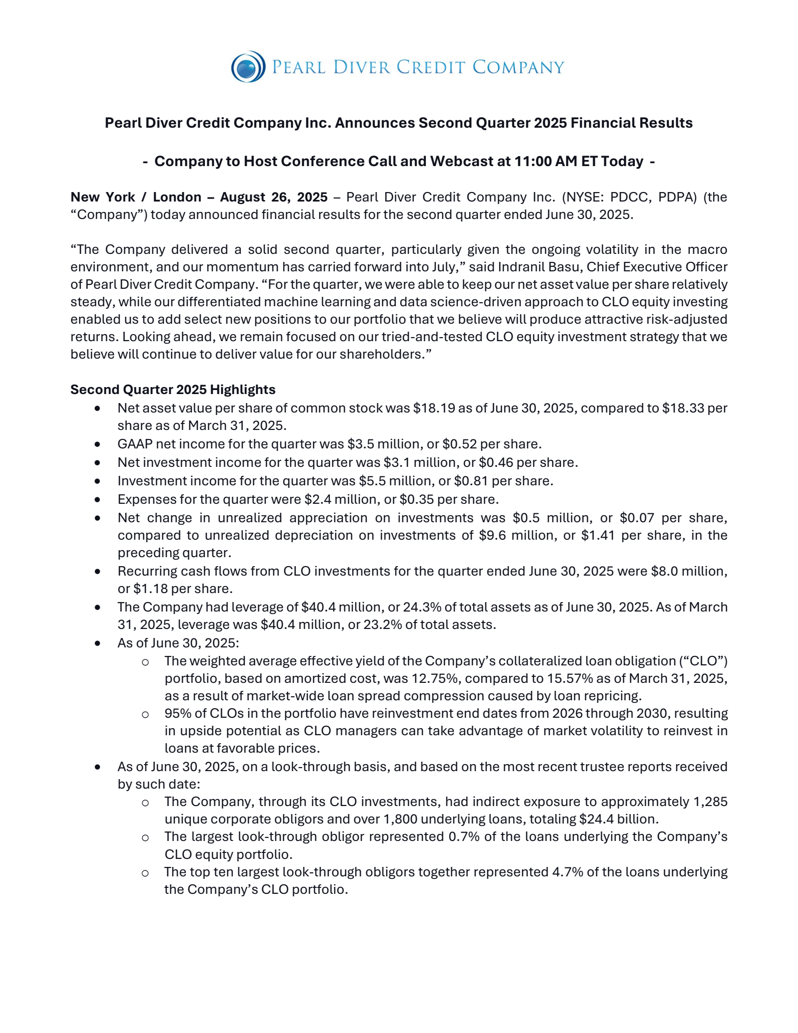 Pearl Diver Credit's Q2 2025 Press Release