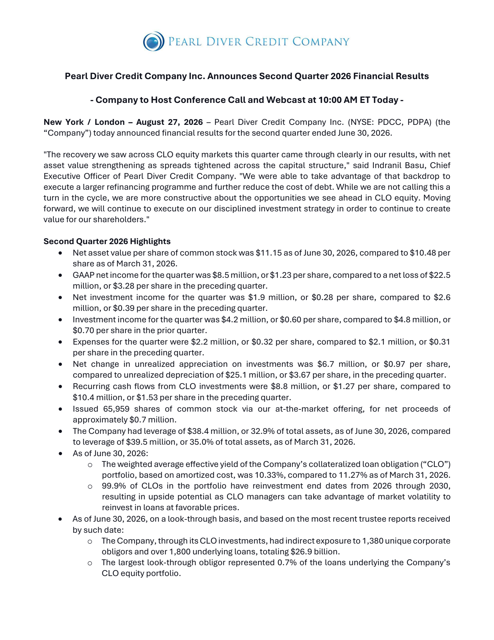 Pearl Diver Credit's Q2 2026 Press Release