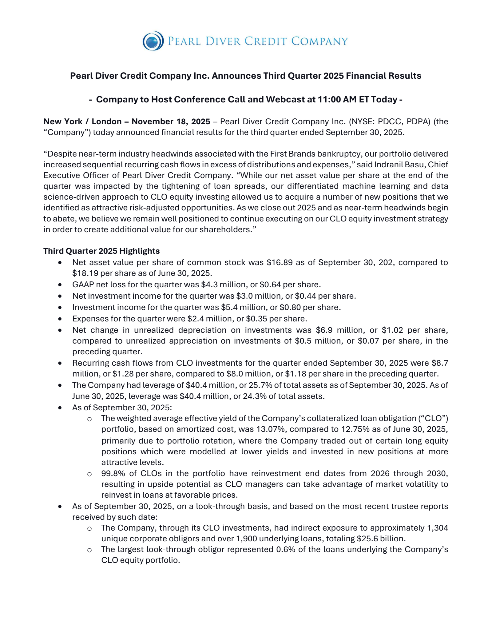 Pearl Diver Credit's Q3 2025 Earnings Release